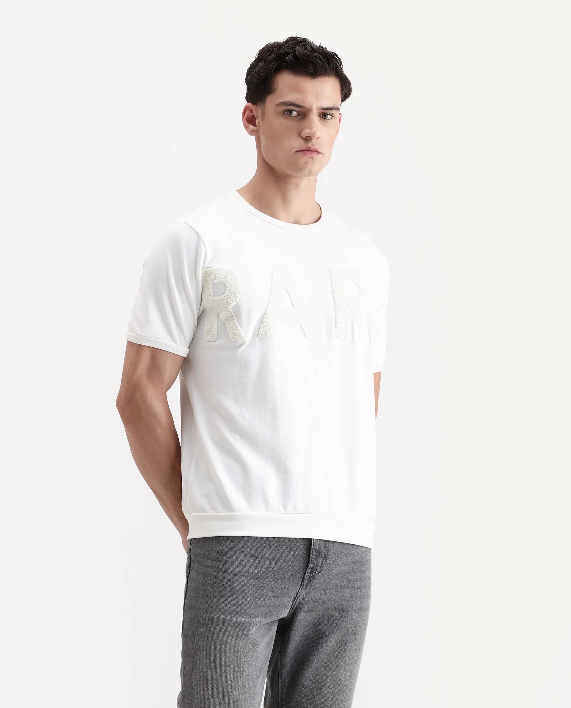 Rare Rabbit Men's Nor2 Off White Cotton Blend Embroidered Oversized Fit Half Sleeve Crew Neck T-Shirt