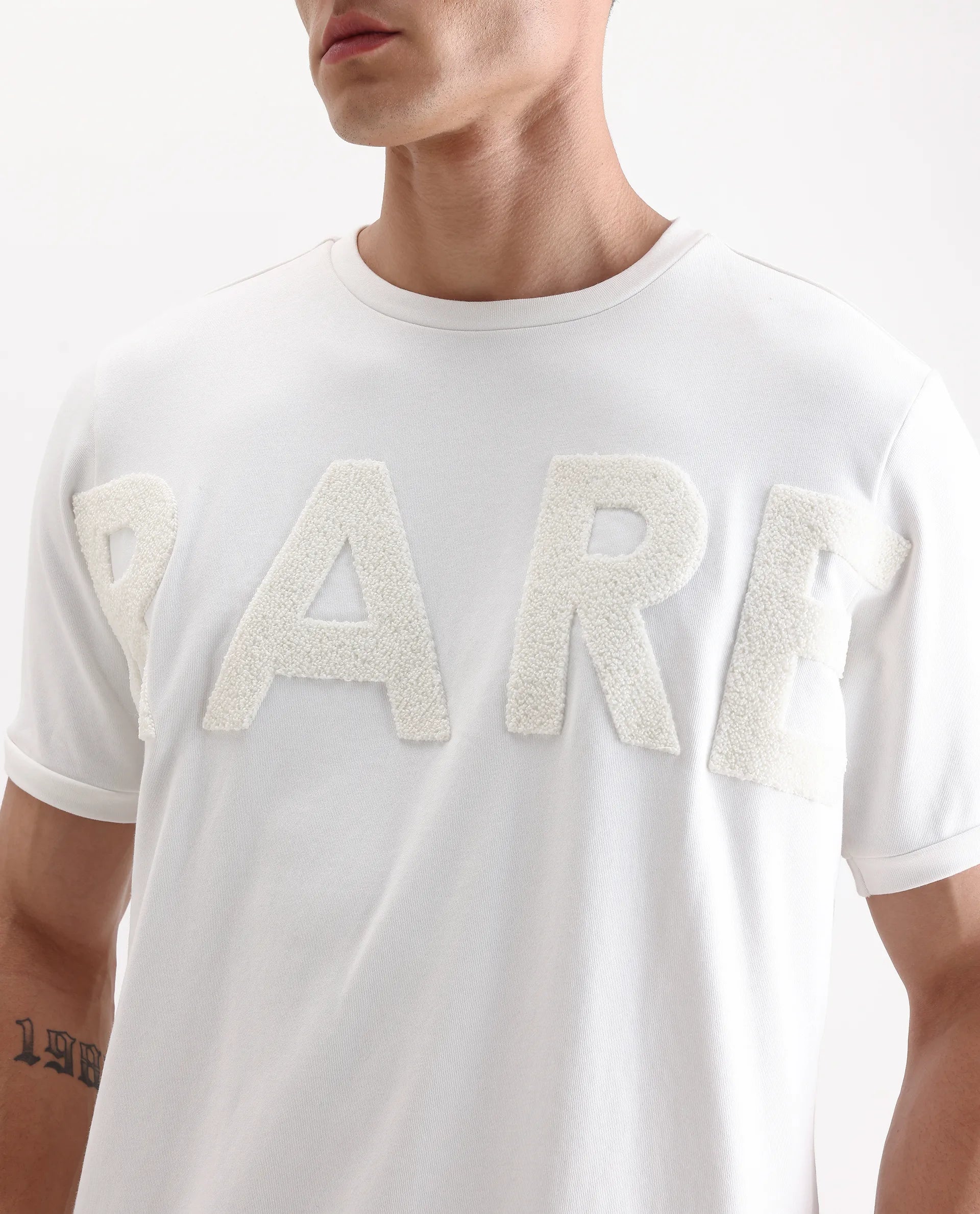 Rare Rabbit Men's Nor2 Off White Cotton Blend Embroidered Oversized Fit Half Sleeve Crew Neck T-Shirt