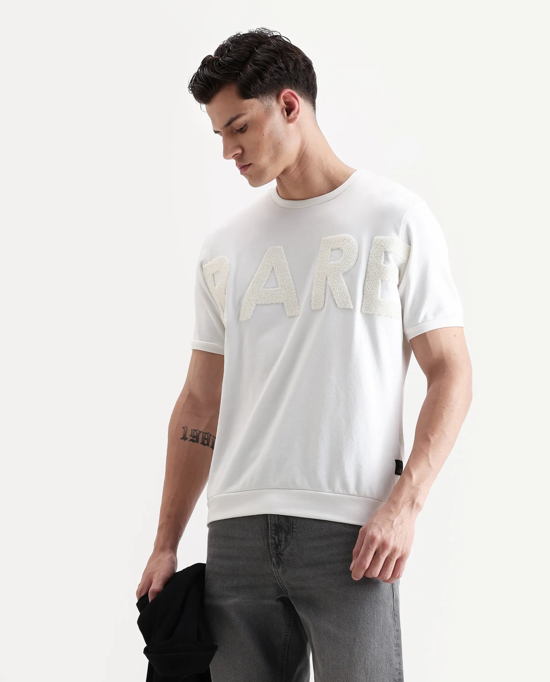 Rare Rabbit Men's Nor2 Off White Cotton Blend Embroidered Oversized Fit Half Sleeve Crew Neck T-Shirt