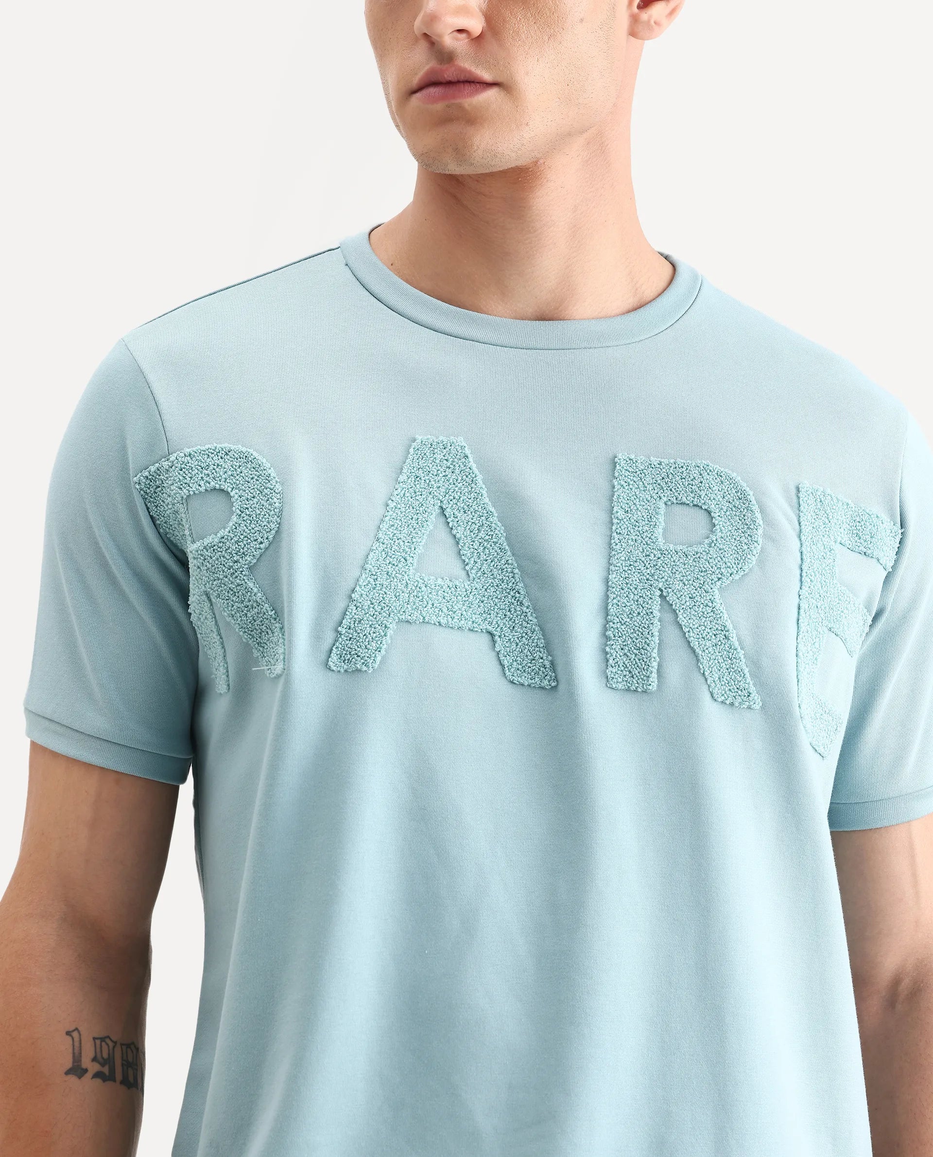 Rare Rabbit Men's Nor-3 Dusky Turq Cotton Blend Embroidered Oversized Fit Half Sleeve Crew Neck T-Shirt