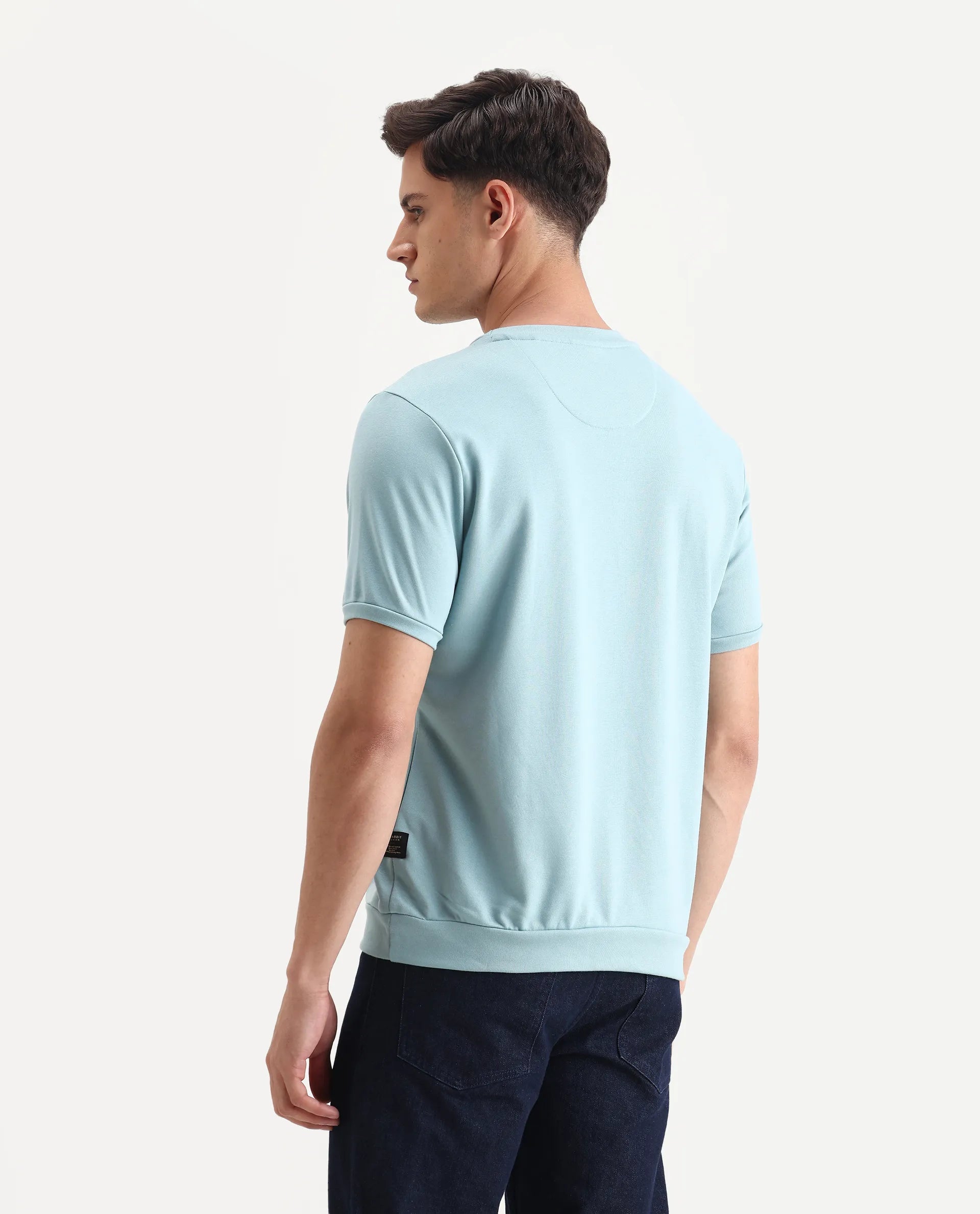 Rare Rabbit Men's Nor-3 Dusky Turq Cotton Blend Embroidered Oversized Fit Half Sleeve Crew Neck T-Shirt