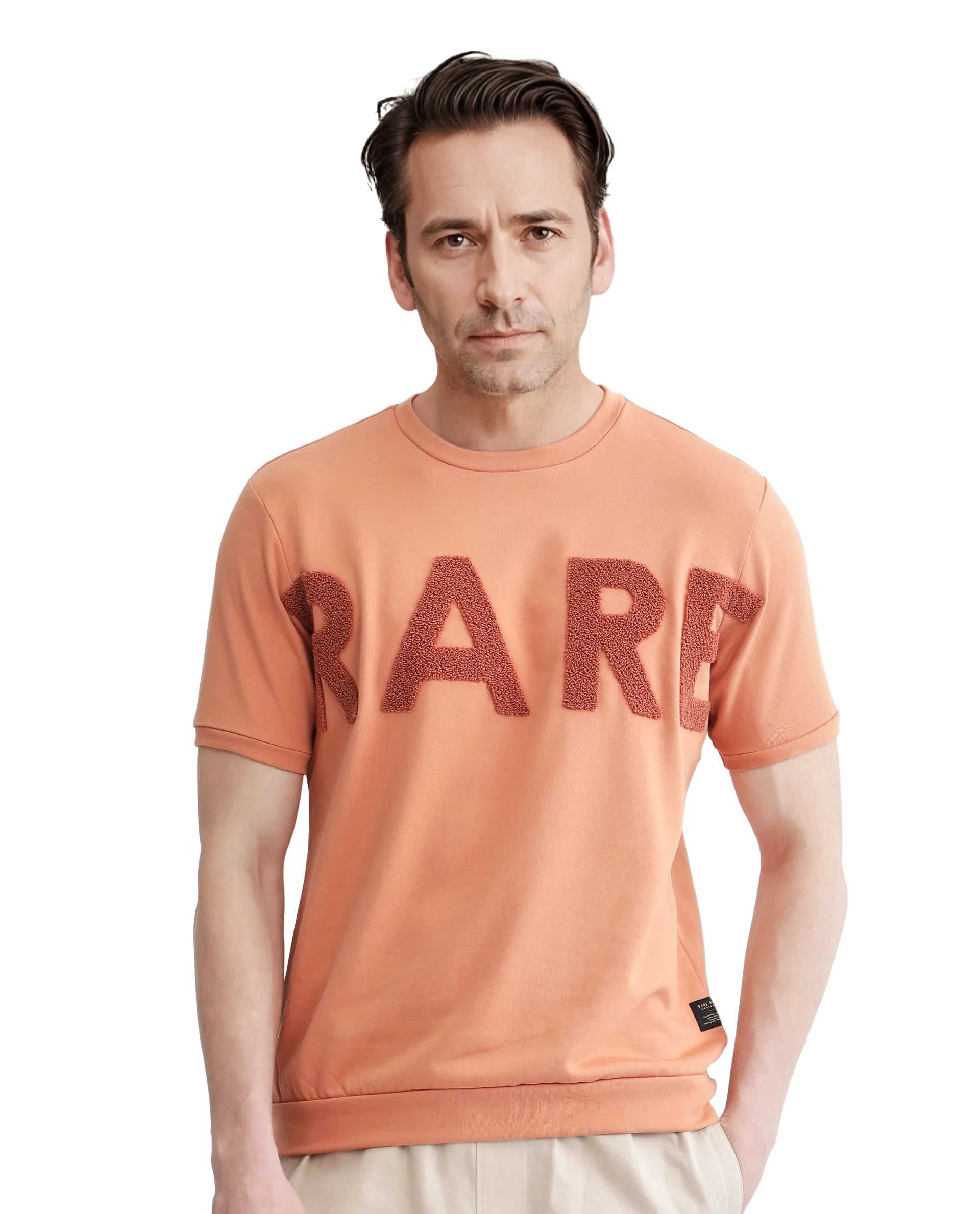 Rare Rabbit Men Nor-3 Dusky Orange Cotton Poly Fabric Short Sleeves Crew Neck Oversized Fit Embroidered T-Shirt
