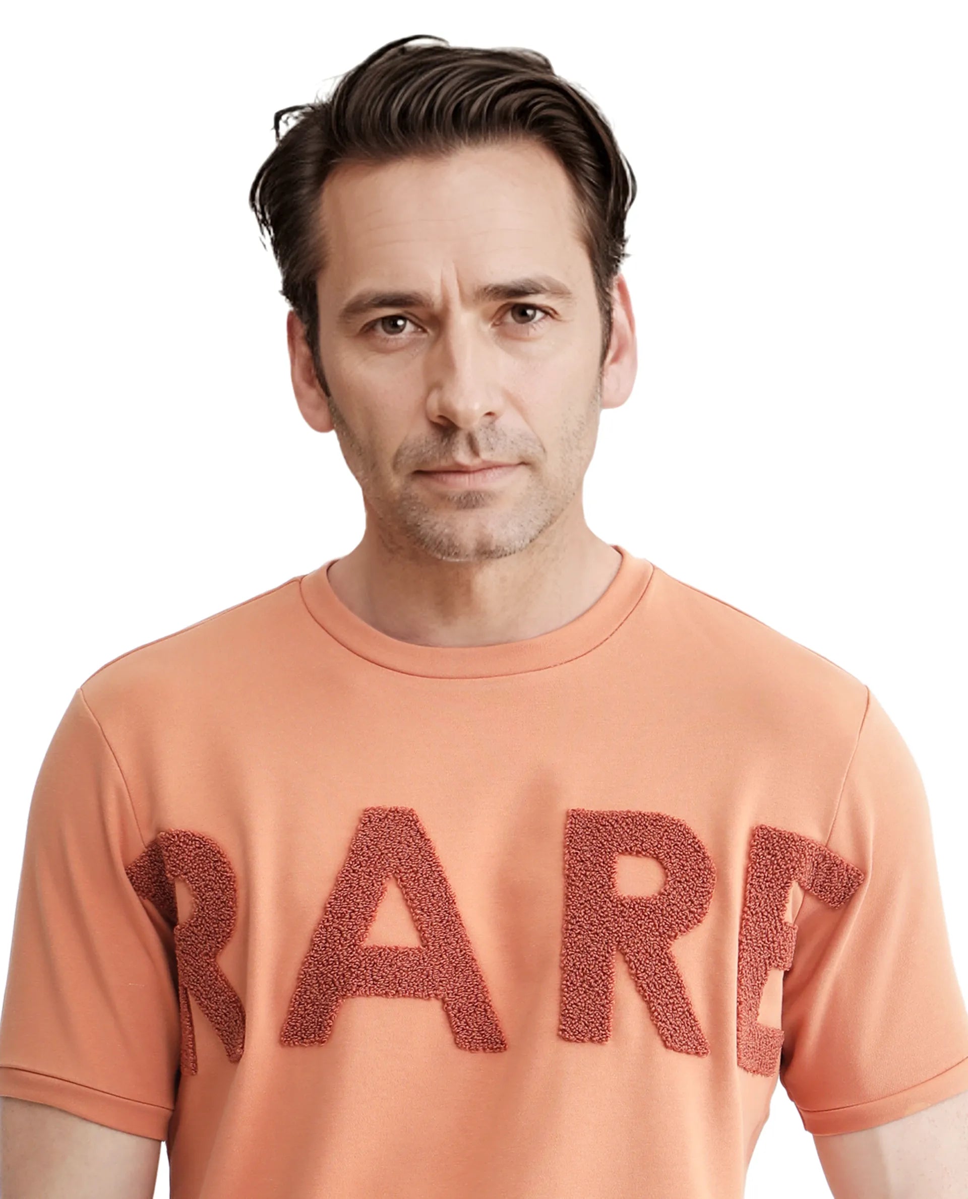 Rare Rabbit Men Nor-3 Dusky Orange Cotton Poly Fabric Short Sleeves Crew Neck Oversized Fit Embroidered T-Shirt