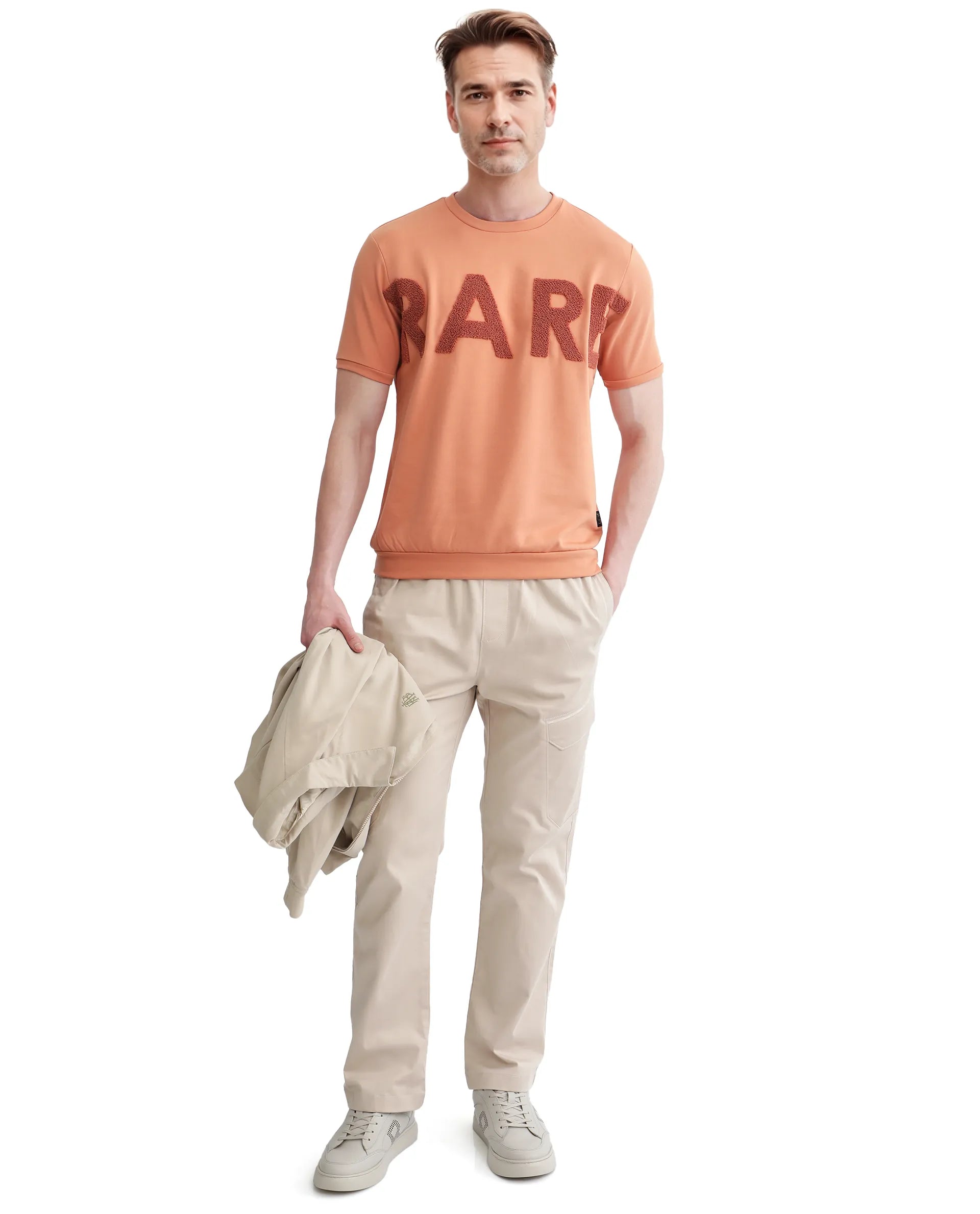 Rare Rabbit Men Nor-3 Dusky Orange Cotton Poly Fabric Short Sleeves Crew Neck Oversized Fit Embroidered T-Shirt