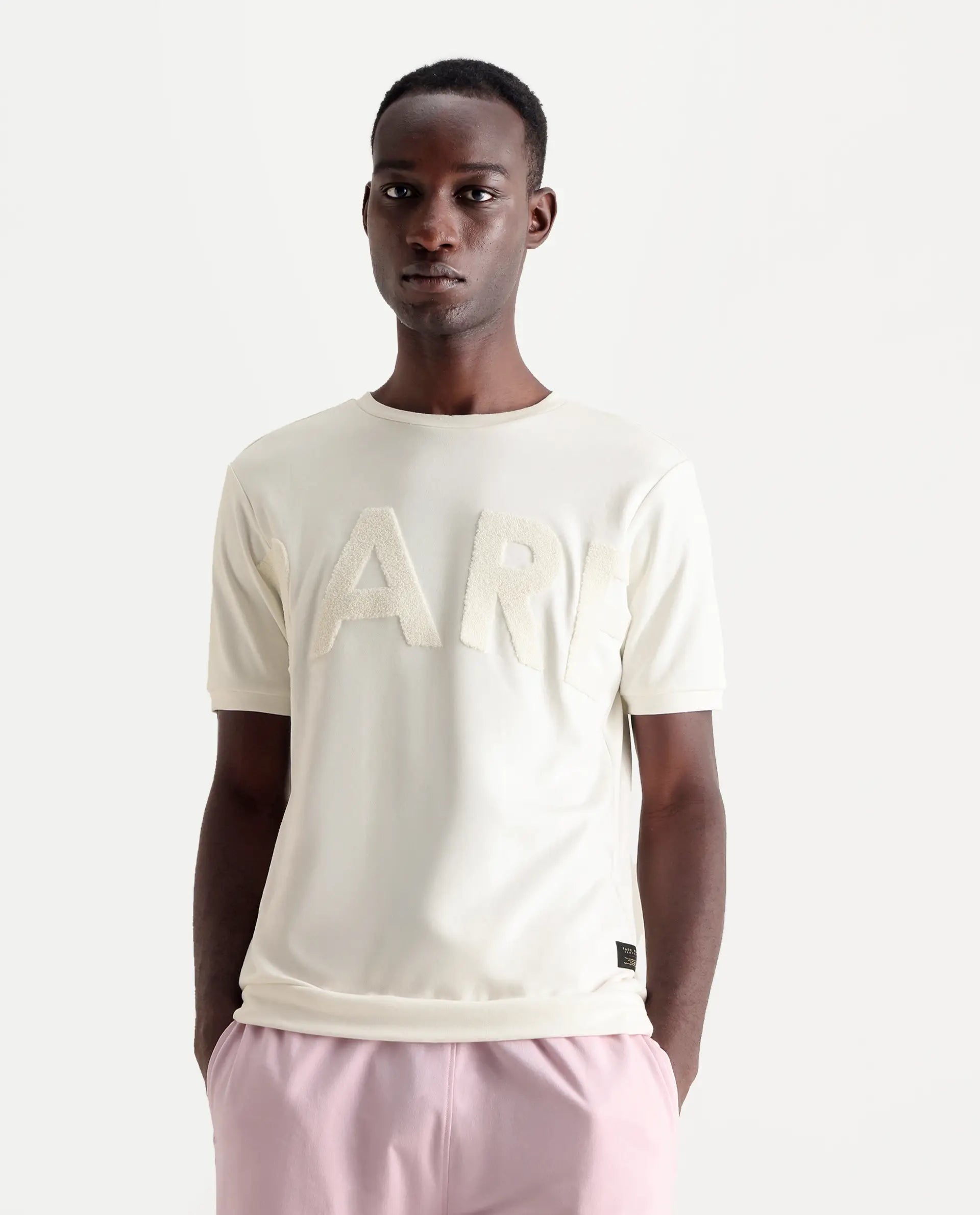 Rare Rabbit Men's Nor-3 Off White Cotton Blend Embroidered Oversized Fit Half Sleeve Crew Neck T-Shirt