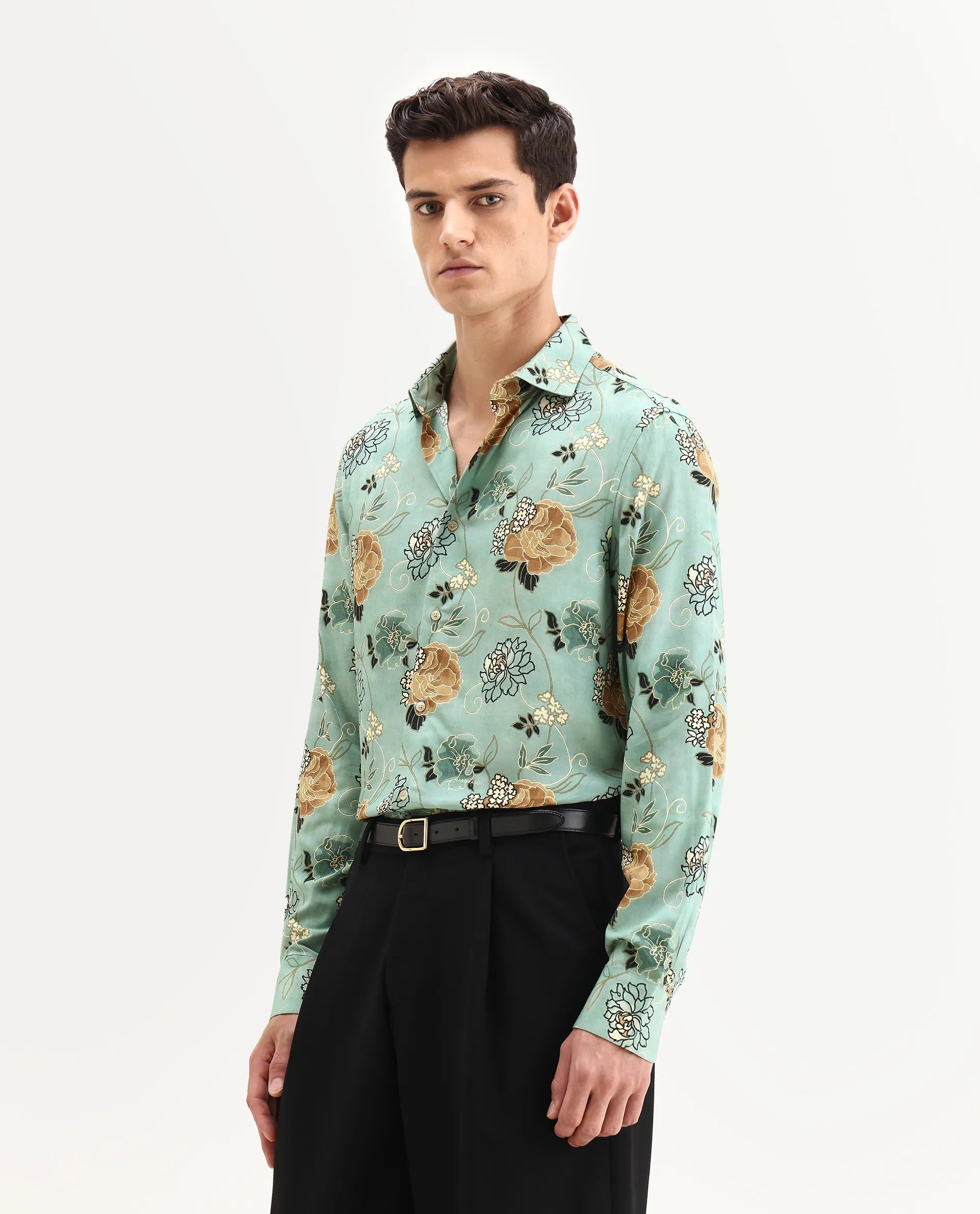 Rare Rabbit Men's Nord-25 Dusky Green Viscose Blend Fabric Spread Collar Regular Fit Floral Print Shirt