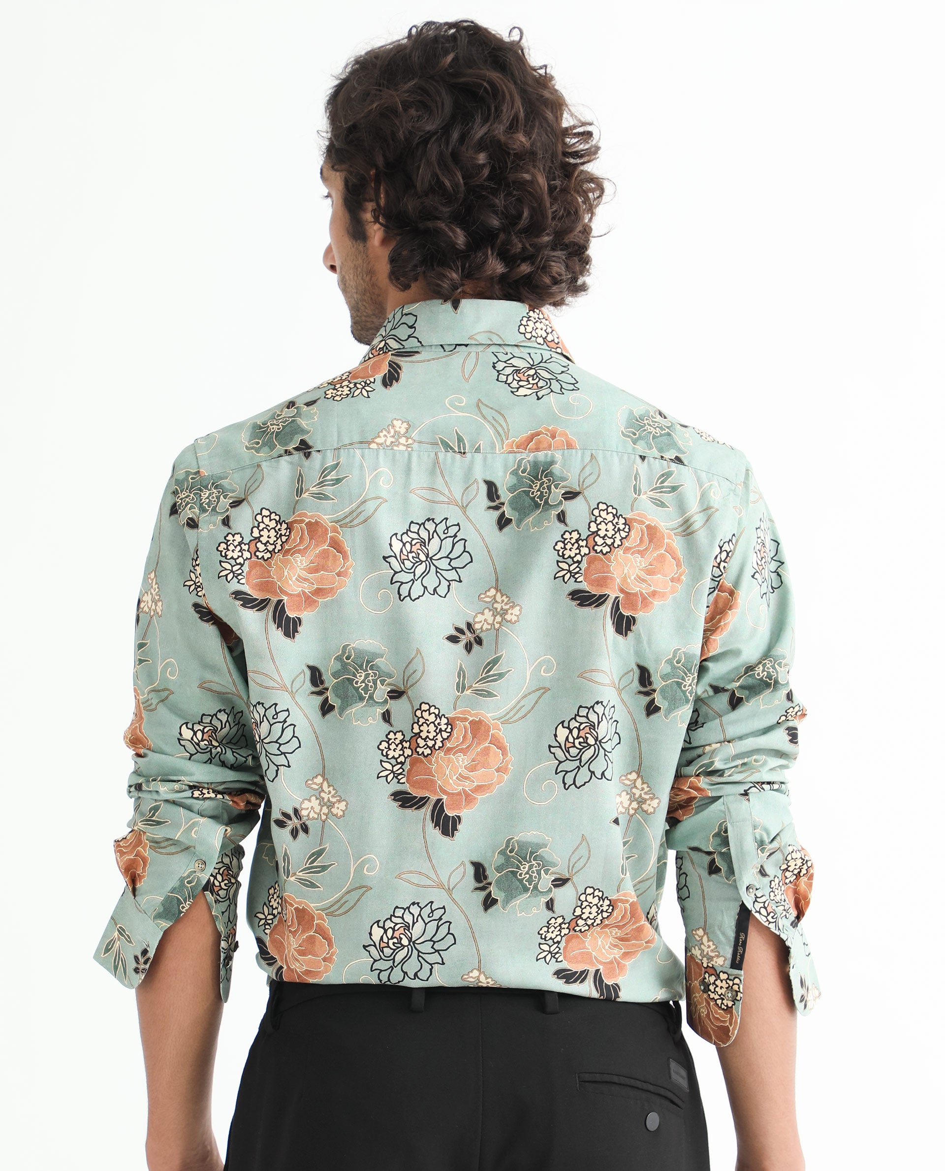 Rare Rabbit Men's Nord Light Green Cotton Viscose Fabric Floral Print Full Sleeves Shirt