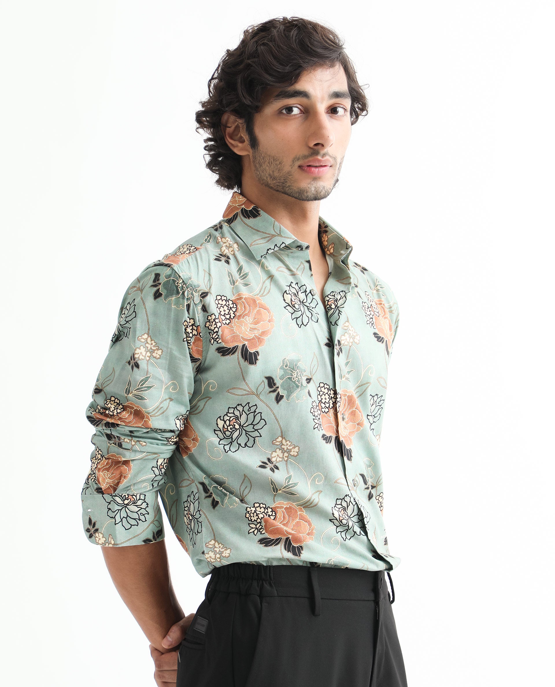 Rare Rabbit Men's Nord Light Green Cotton Viscose Fabric Floral Print Full Sleeves Shirt