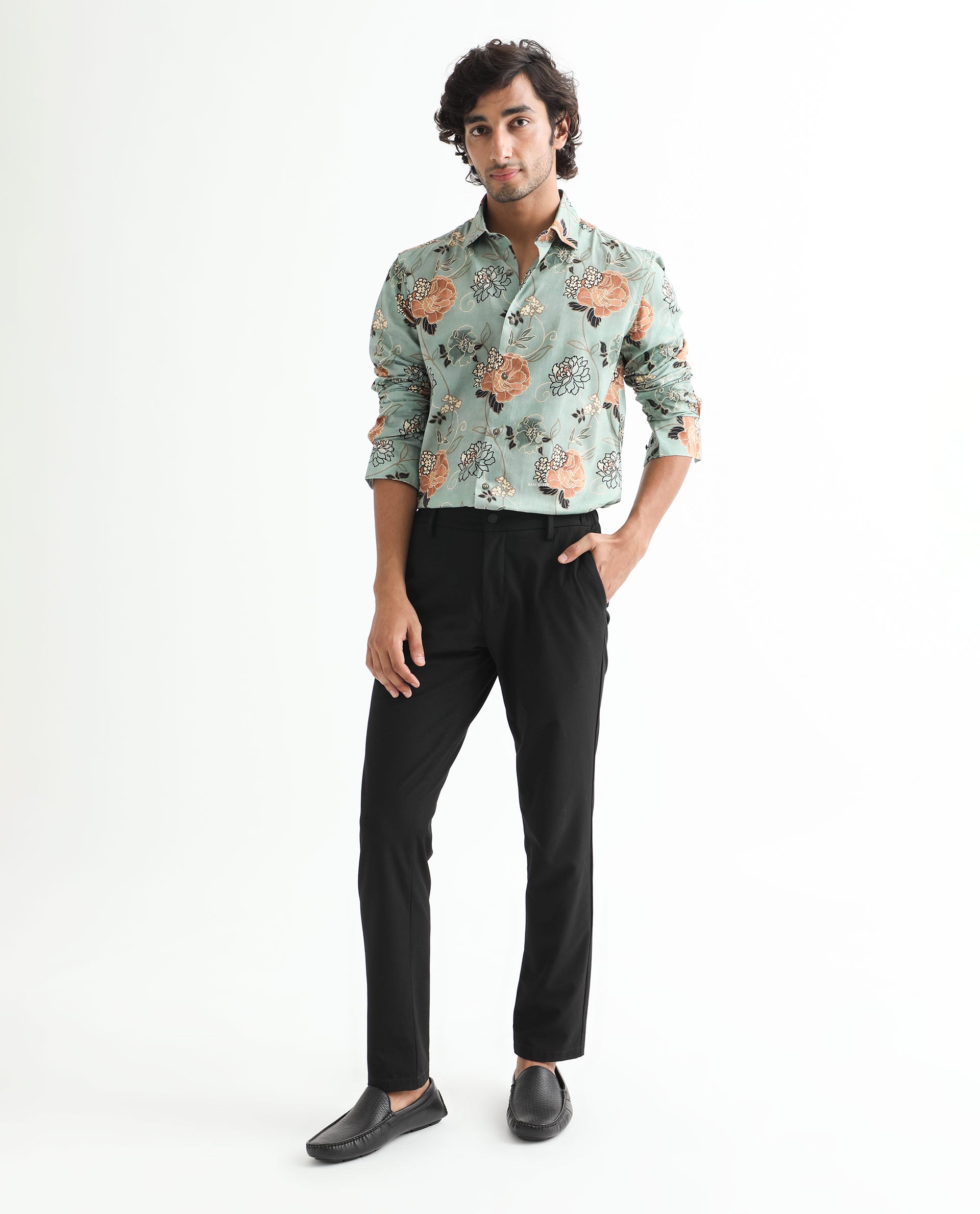 Rare Rabbit Men's Nord Light Green Cotton Viscose Fabric Floral Print Full Sleeves Shirt