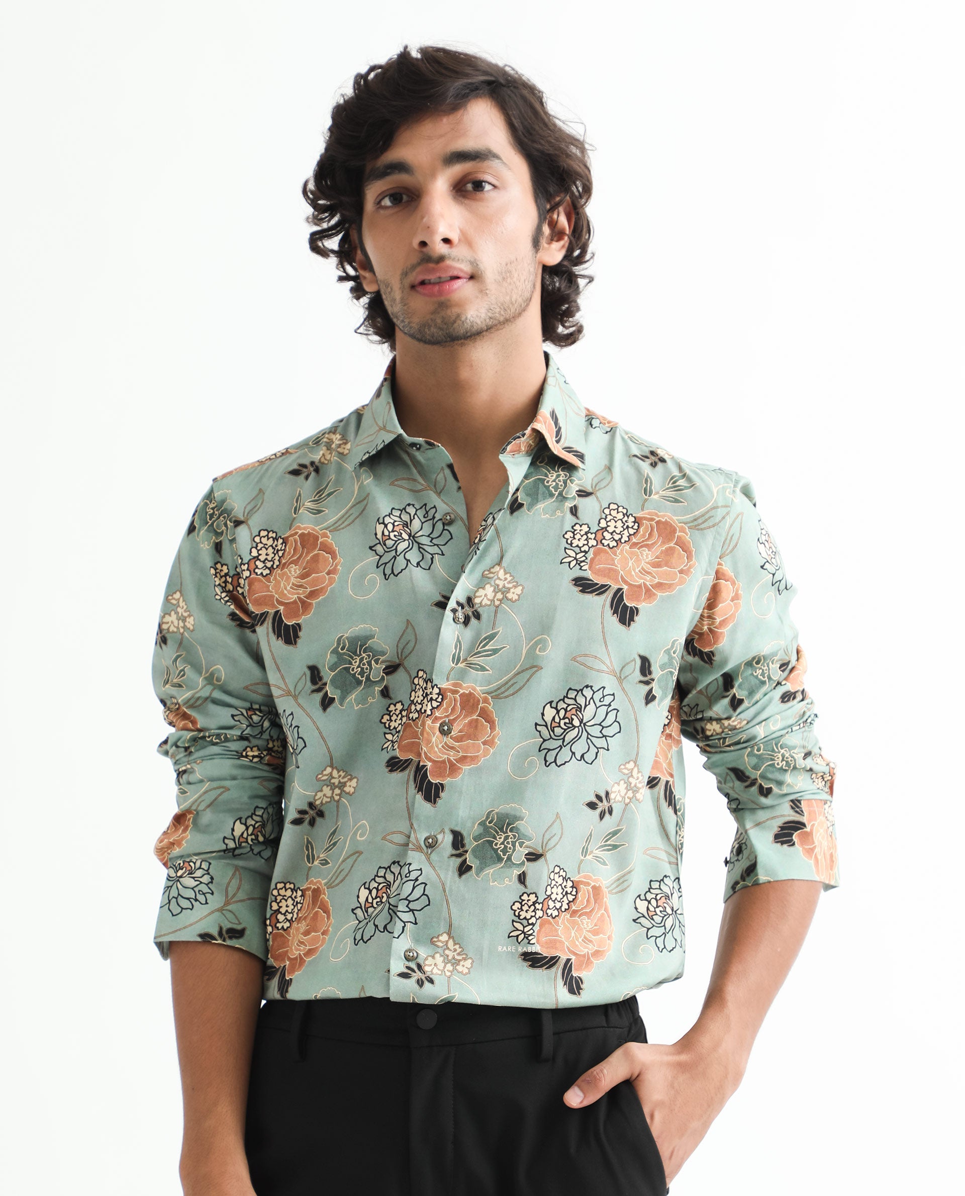 Rare Rabbit Men's Nord Light Green Cotton Viscose Fabric Floral Print Full Sleeves Shirt