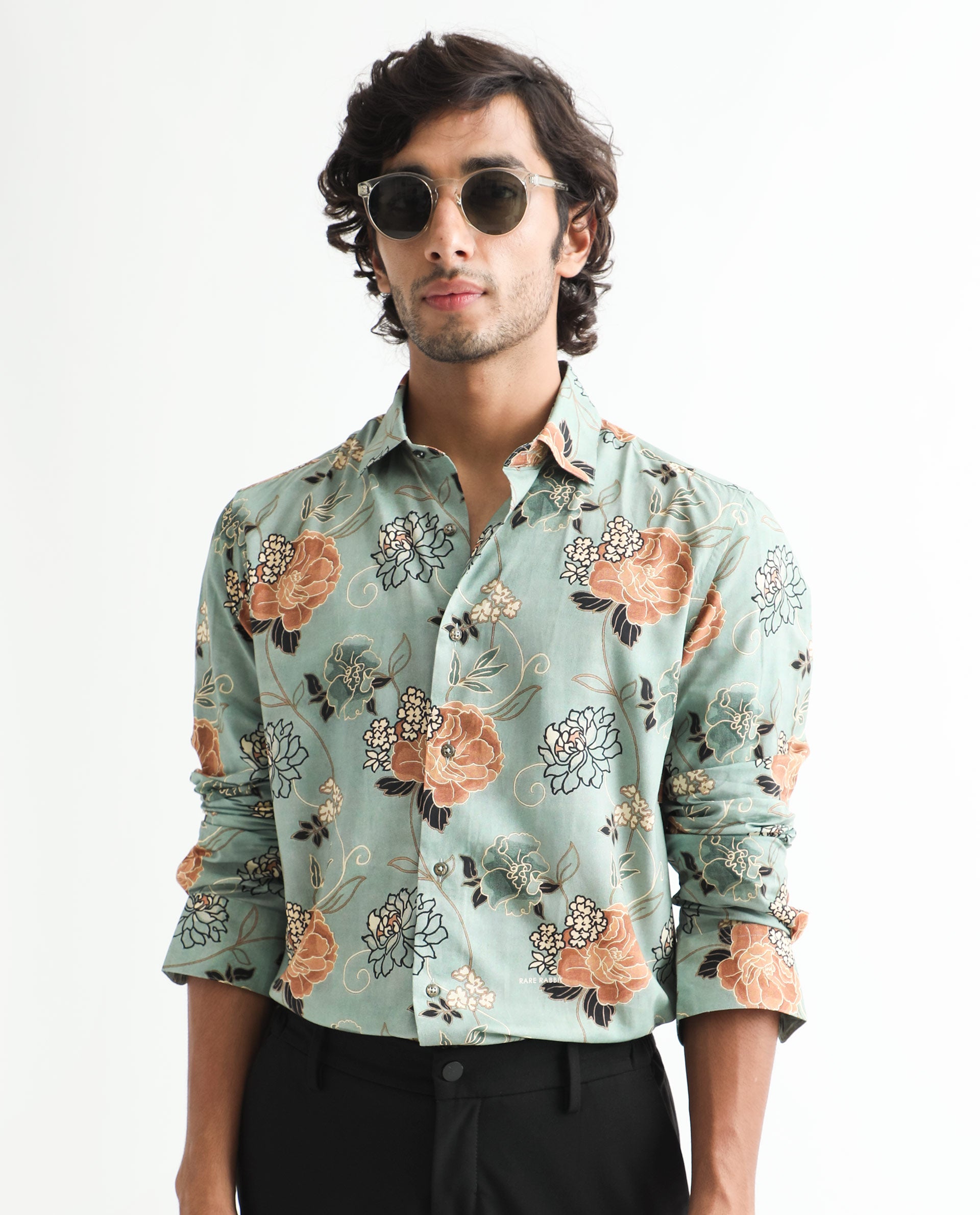 Rare Rabbit Men's Nord Light Green Cotton Viscose Fabric Floral Print Full Sleeves Shirt