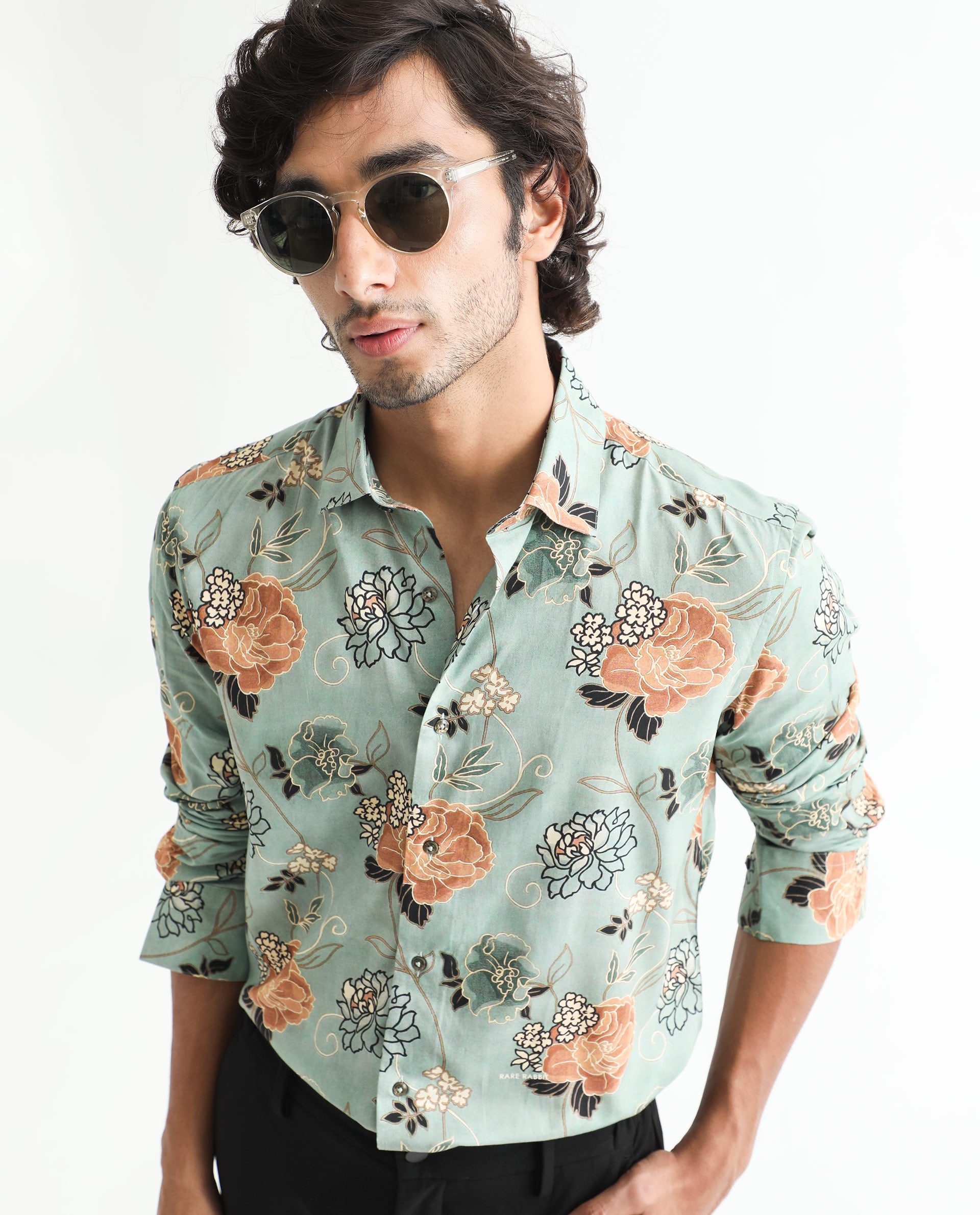 Rare Rabbit Men's Nord Light Green Cotton Viscose Fabric Floral Print Full Sleeves Shirt