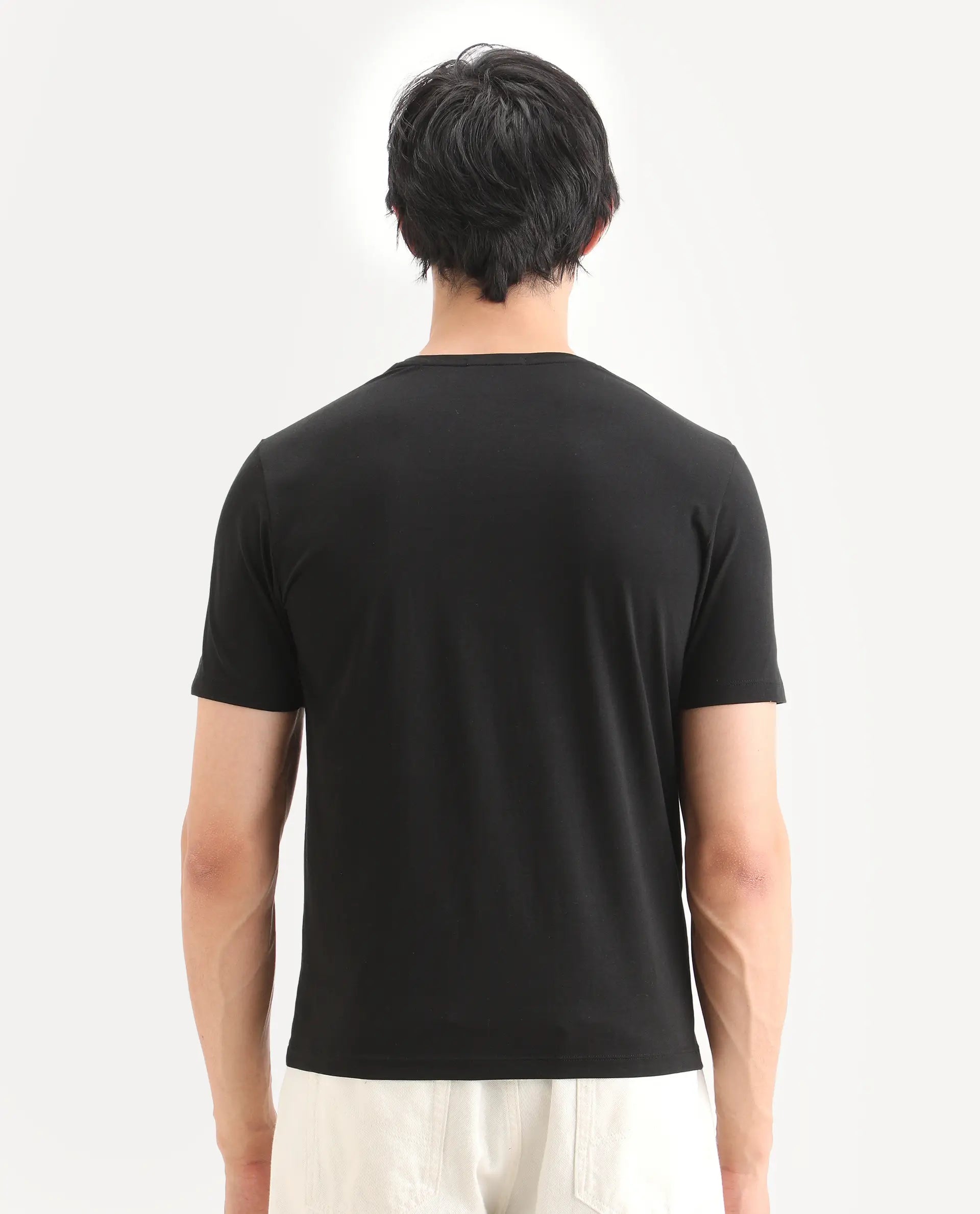Rare Rabbit Men's Nord Black Cotton Blend Fabric Half Sleeve Crew Neck Regular Fit Graphic Print T-Shirt