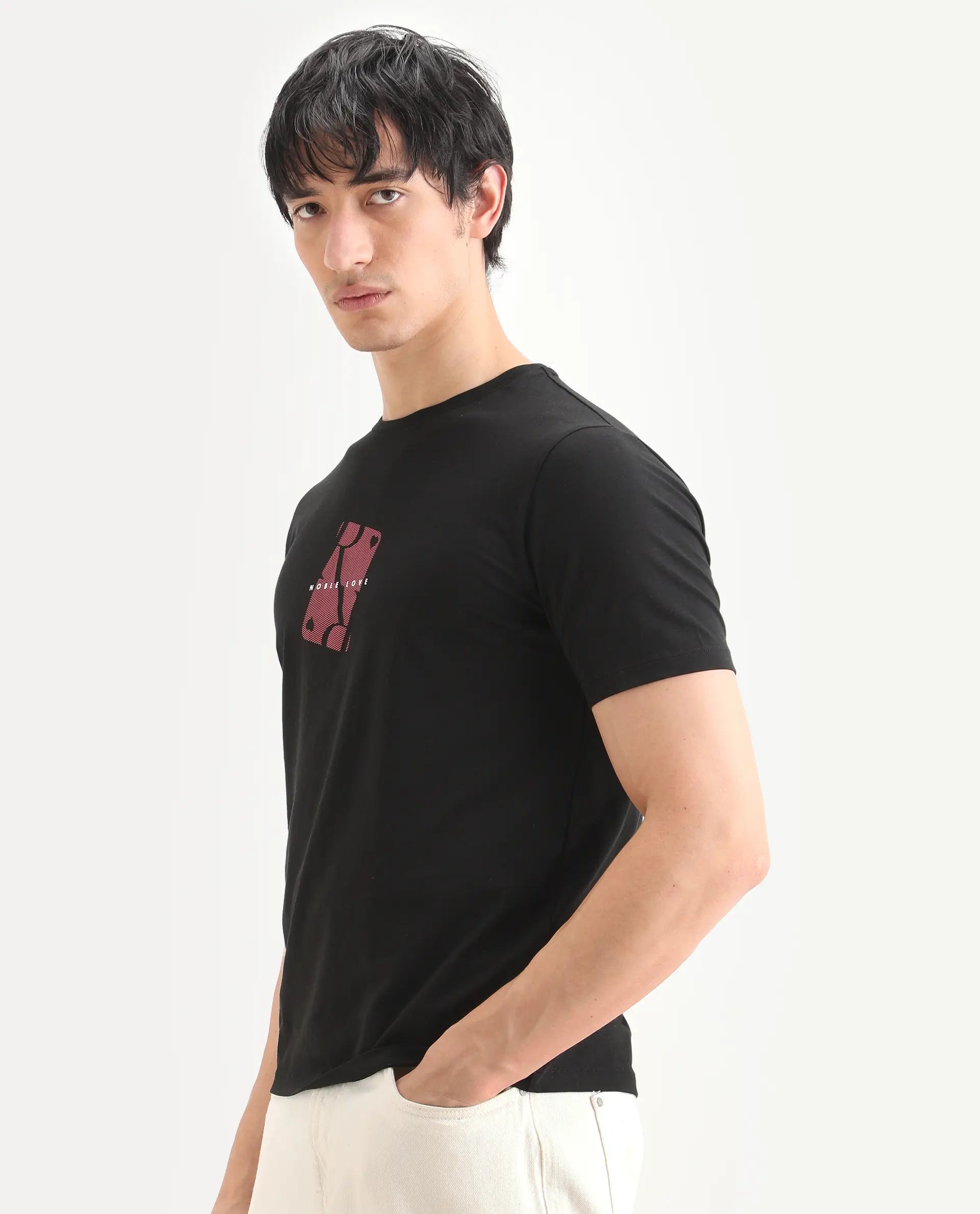 Rare Rabbit Men's Nord Black Cotton Blend Fabric Half Sleeve Crew Neck Regular Fit Graphic Print T-Shirt