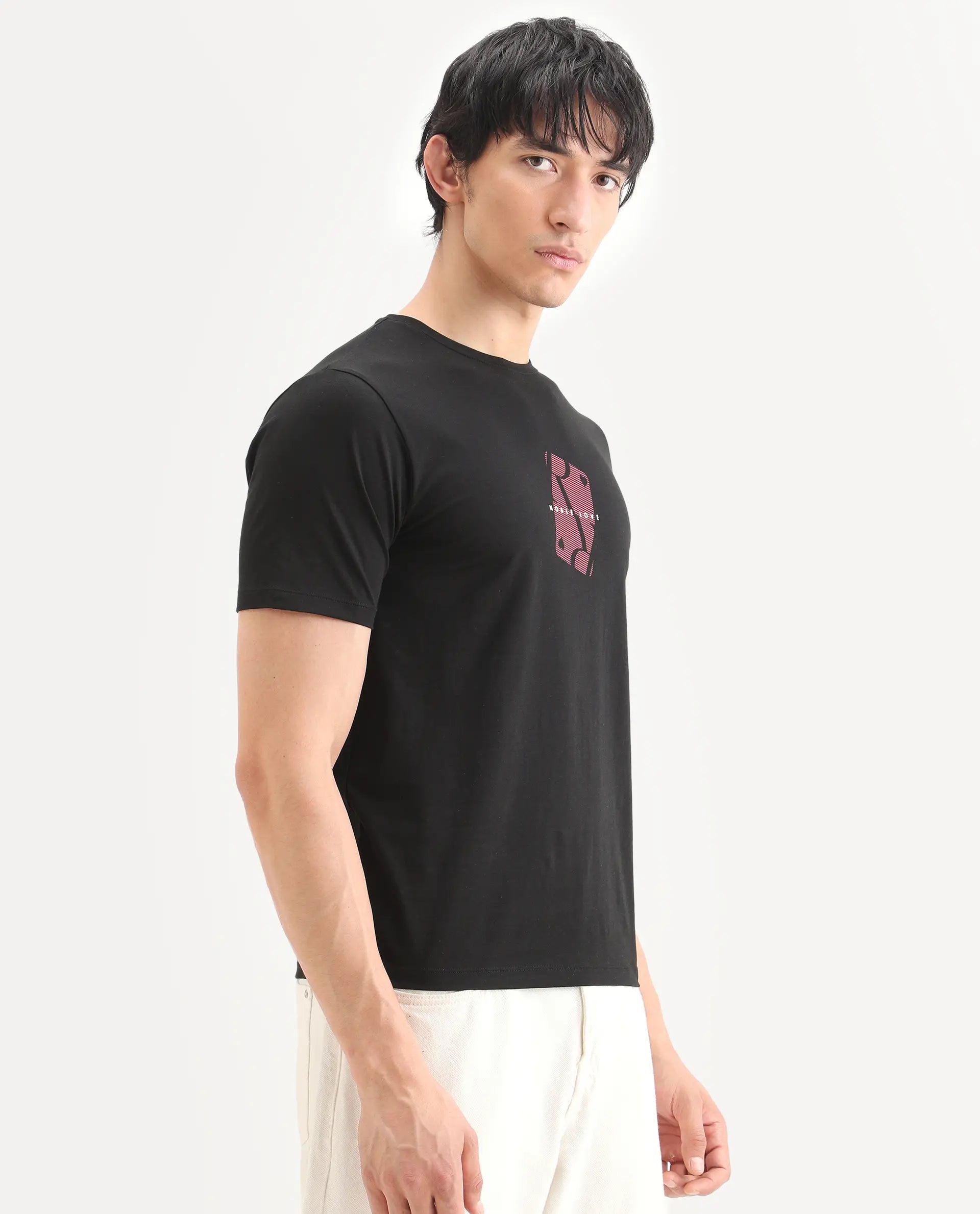 Rare Rabbit Men's Nord Black Cotton Blend Fabric Half Sleeve Crew Neck Regular Fit Graphic Print T-Shirt