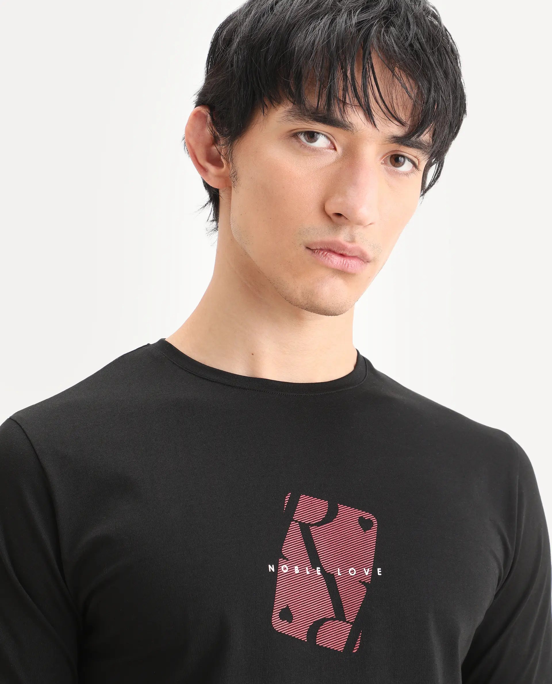 Rare Rabbit Men's Nord Black Cotton Blend Fabric Half Sleeve Crew Neck Regular Fit Graphic Print T-Shirt
