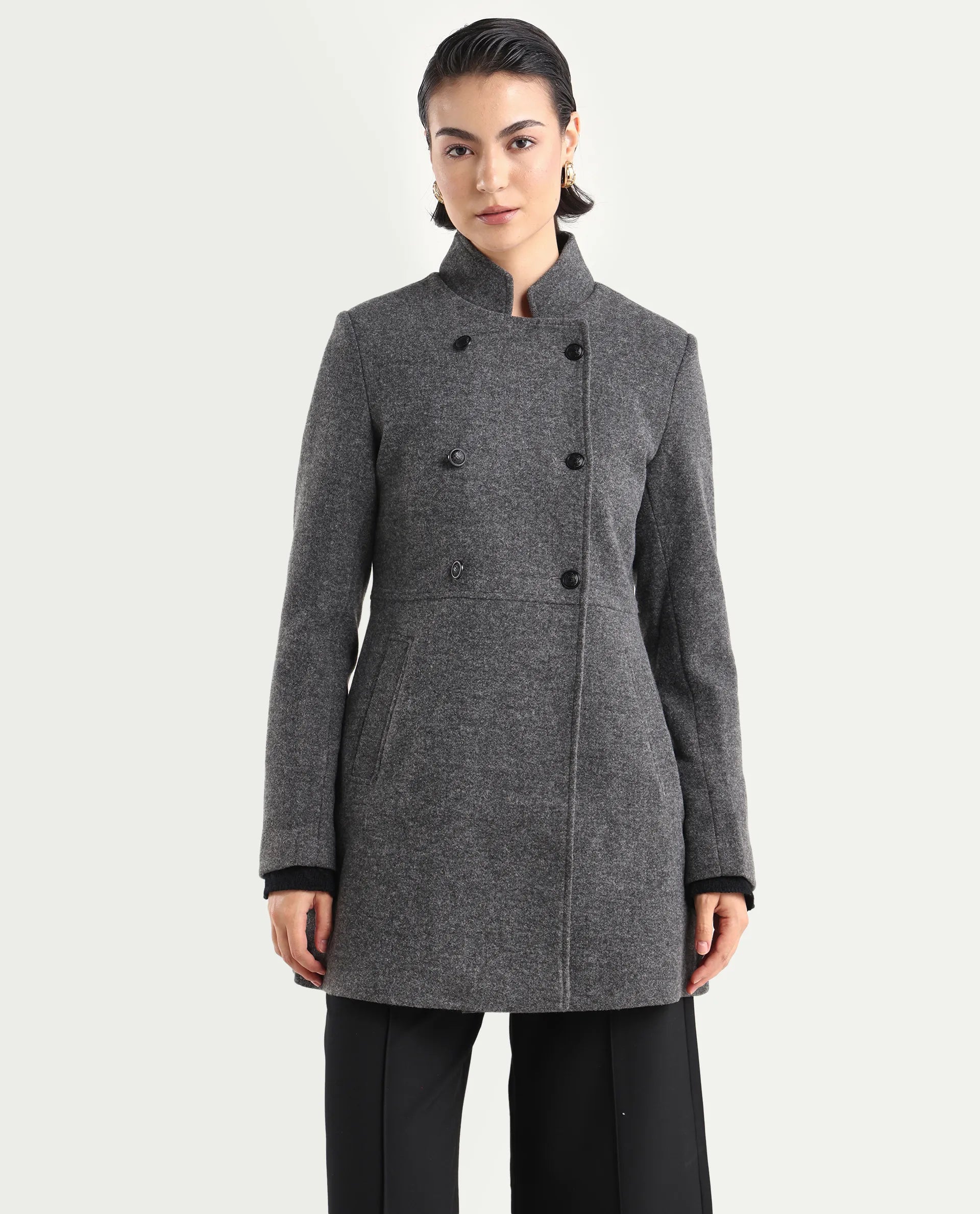 Rareism Women's Norint Dark Grey Polyester Blend Mandarin Collar Fitted Coat