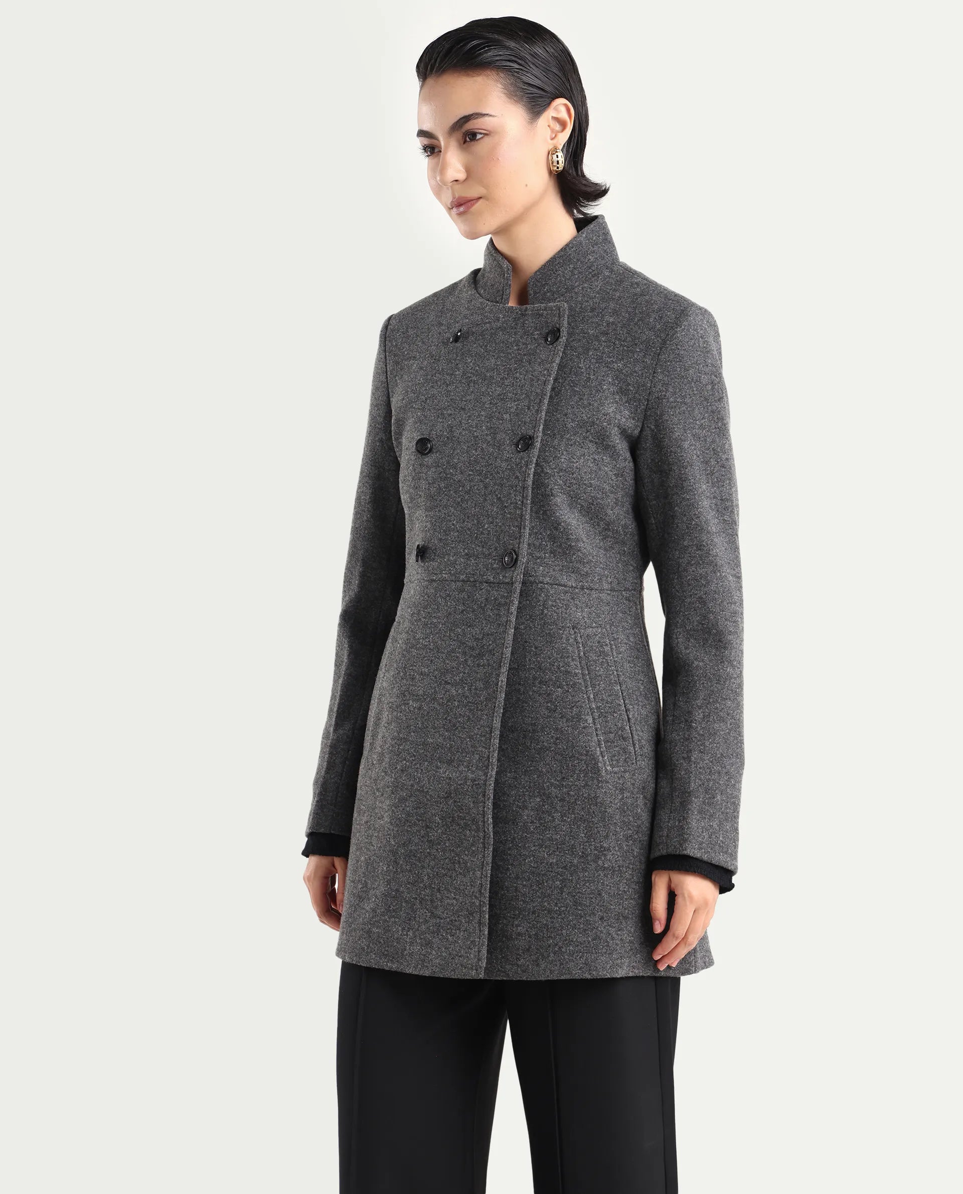 Rareism Women's Norint Dark Grey Polyester Blend Mandarin Collar Fitted Coat