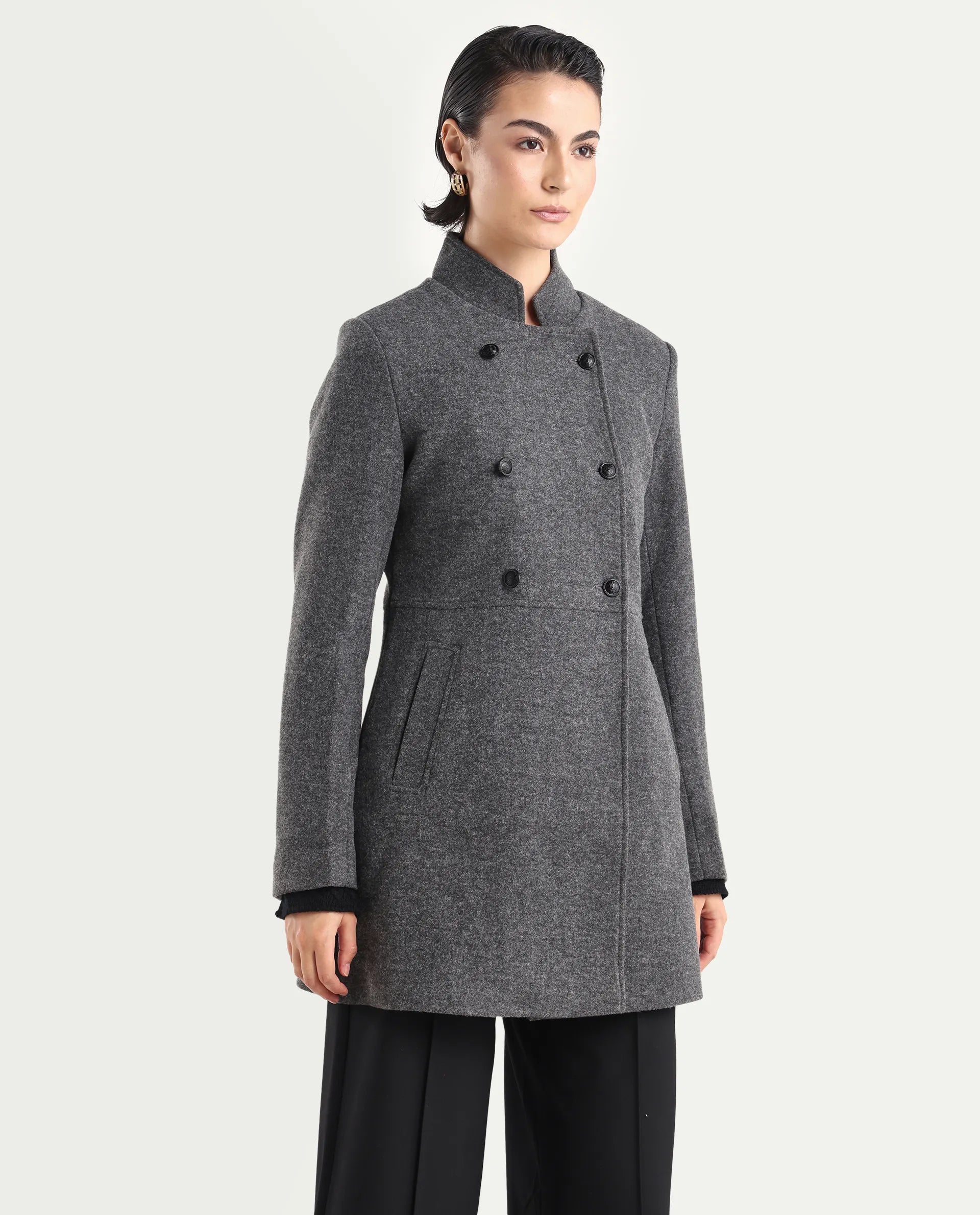 Rareism Women's Norint Dark Grey Polyester Blend Mandarin Collar Fitted Coat