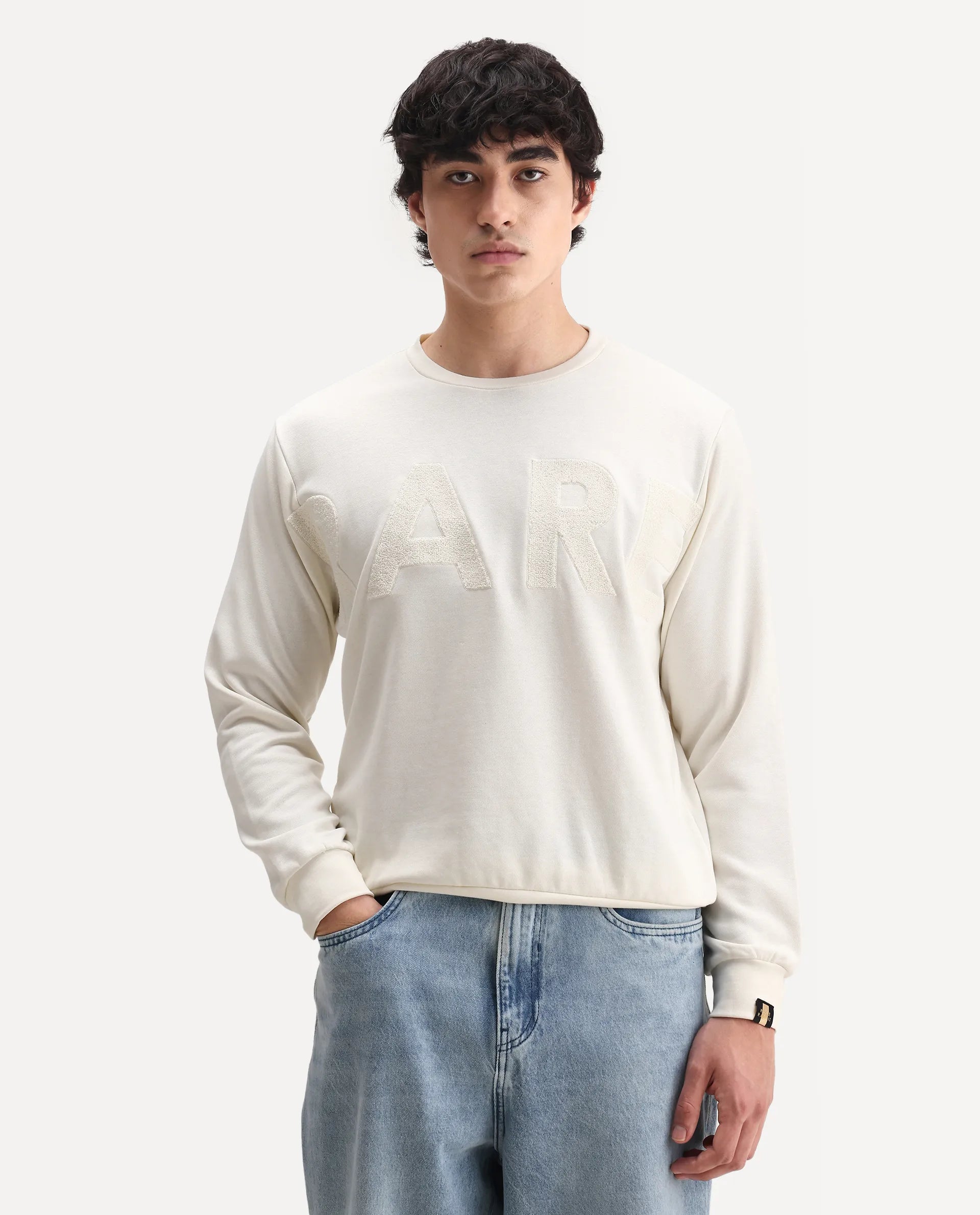Rare Rabbit Men's Norman Off White Cotton Embroidered Relaxed Fit Full Sleeve Crew Neck Sweatshirt