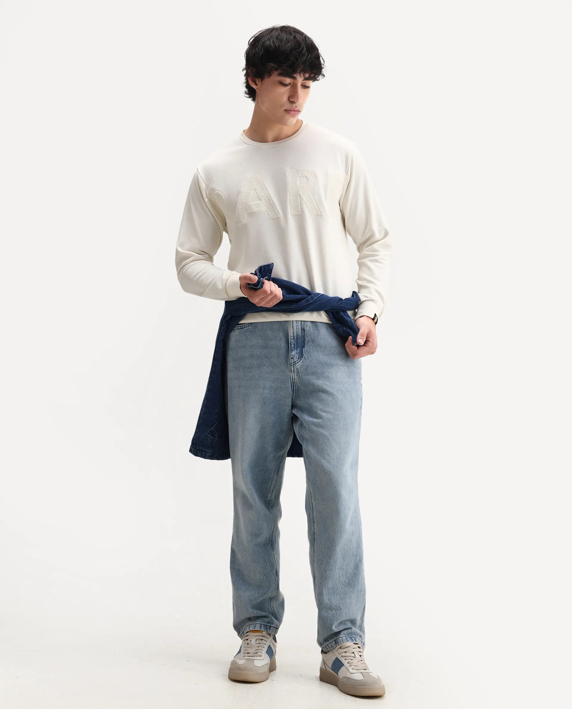 Rare Rabbit Men's Norman Off White Cotton Embroidered Relaxed Fit Full Sleeve Crew Neck Sweatshirt