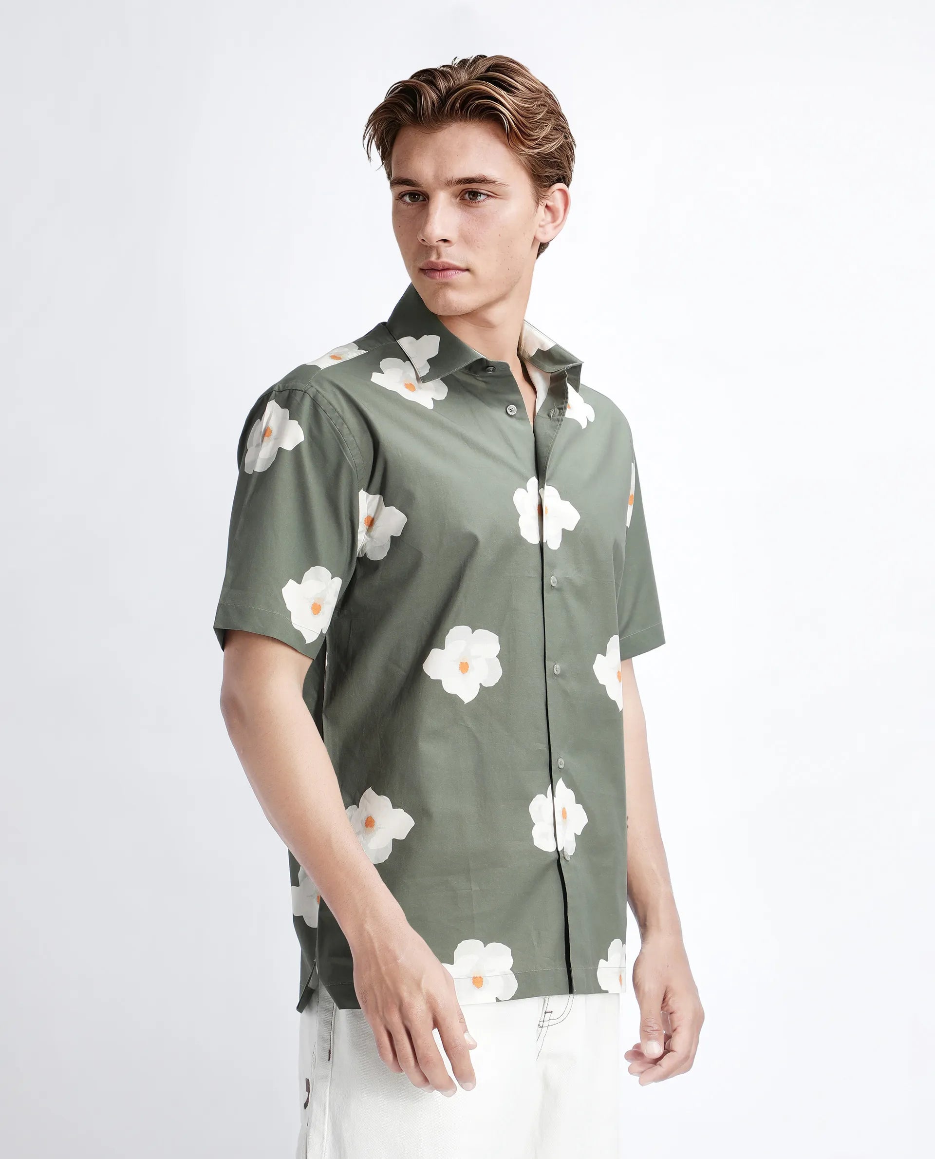 Rare Rabbit Men's Nort Olive Cotton Floral Print Regular Fit Half Sleeve Collared Shirt
