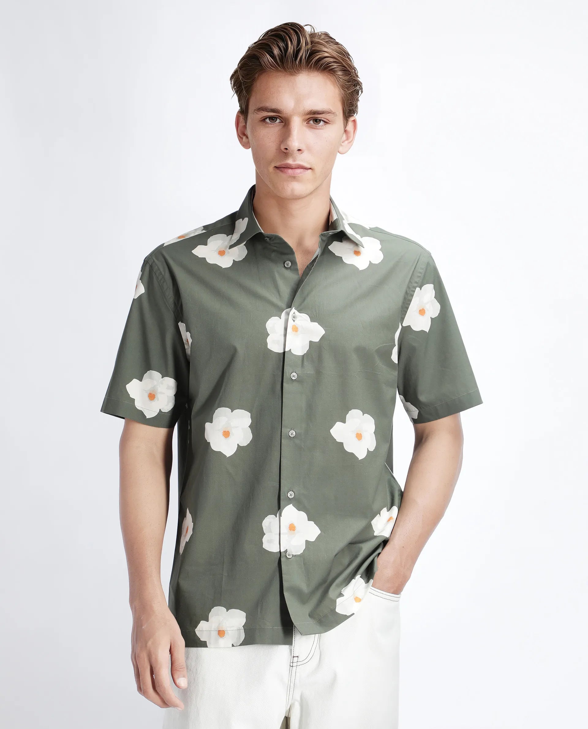 Rare Rabbit Men's Nort Olive Cotton Floral Print Regular Fit Half Sleeve Collared Shirt