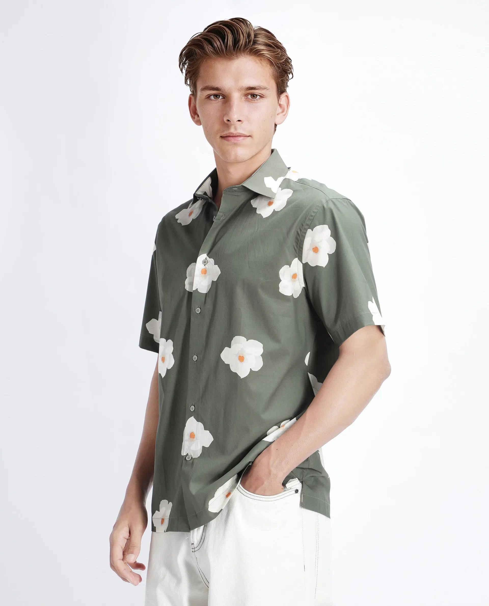 Rare Rabbit Men's Nort Olive Cotton Floral Print Regular Fit Half Sleeve Collared Shirt