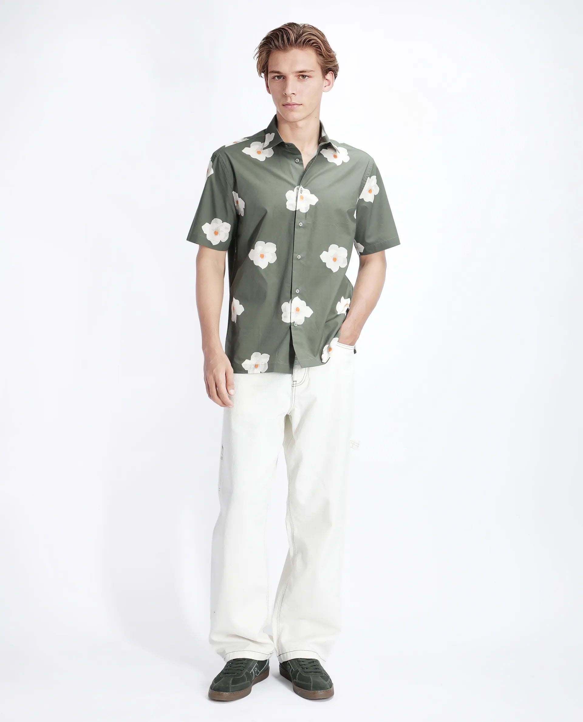 Rare Rabbit Men's Nort Olive Cotton Floral Print Regular Fit Half Sleeve Collared Shirt