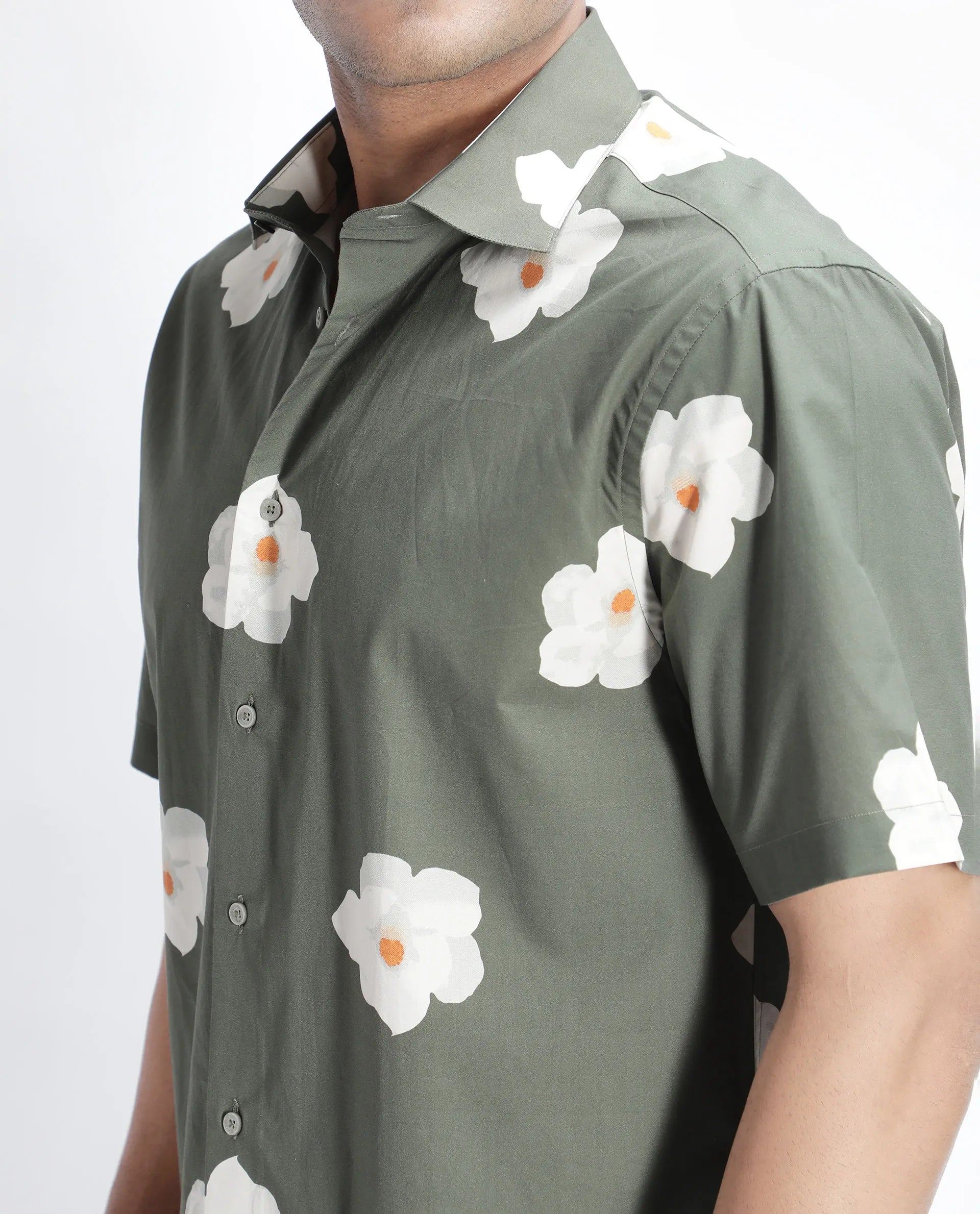 Rare Rabbit Men's Nort Olive Cotton Floral Print Regular Fit Half Sleeve Collared Shirt