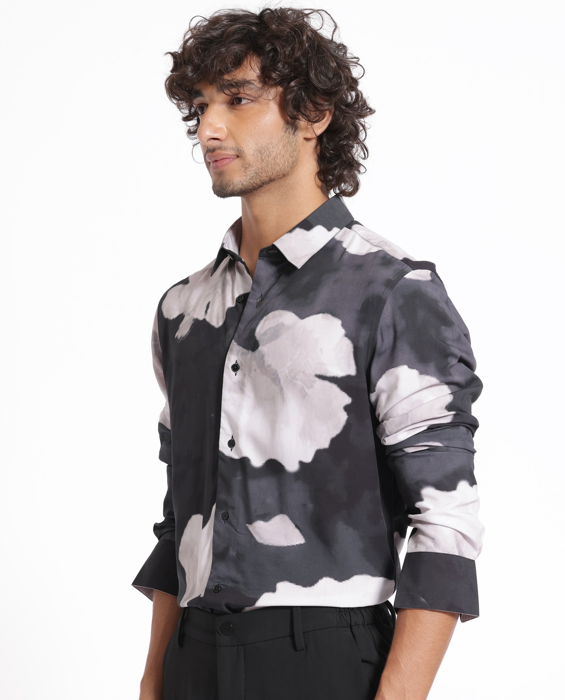 Rare Rabbit Men's Noten Black Viscose Fabric Floral Print Full Sleeves Shirt