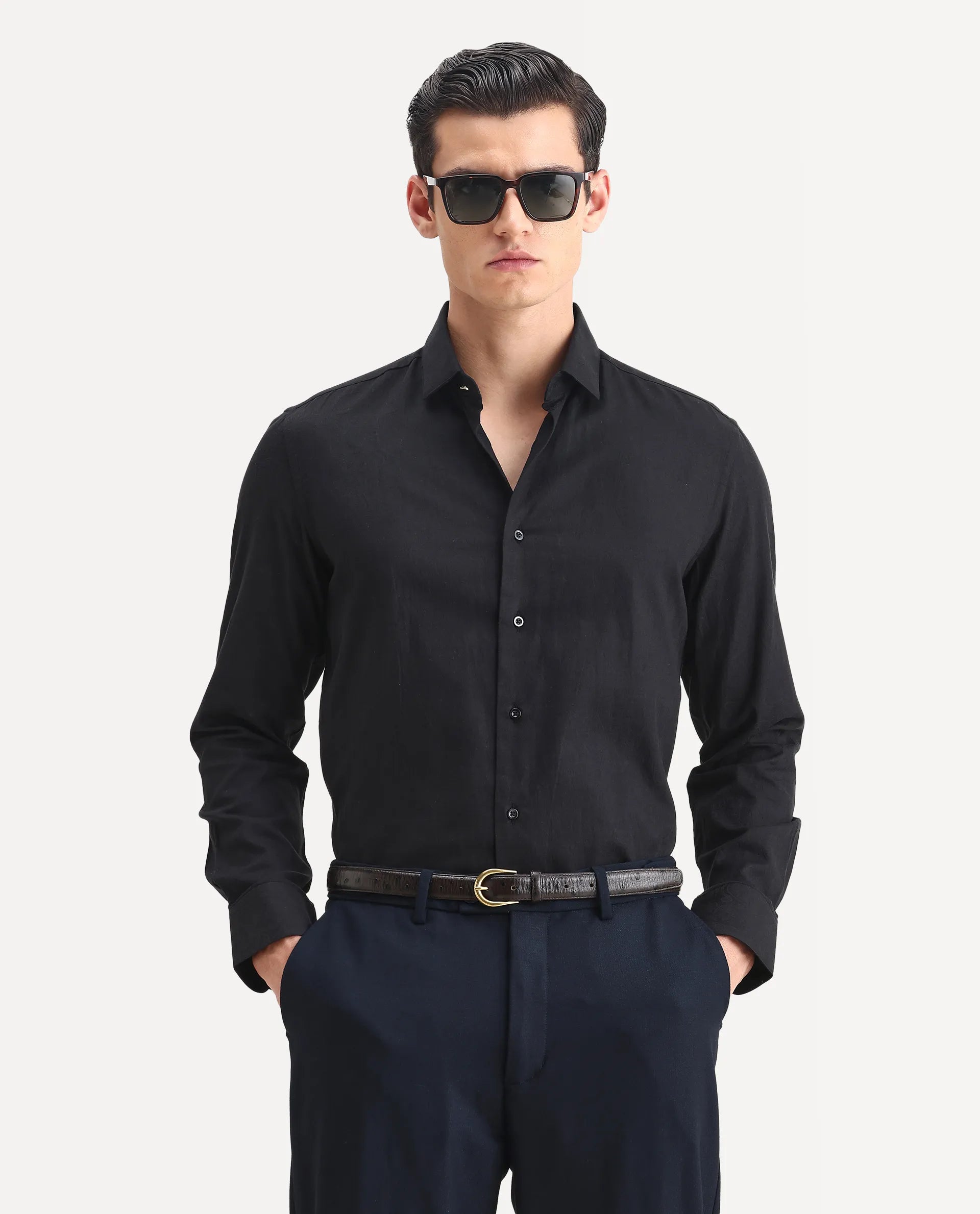 Rare Rabbit Men's Guild Statement Notum Black Cotton Plain Regular Fit Full Sleeve Collared Shirt