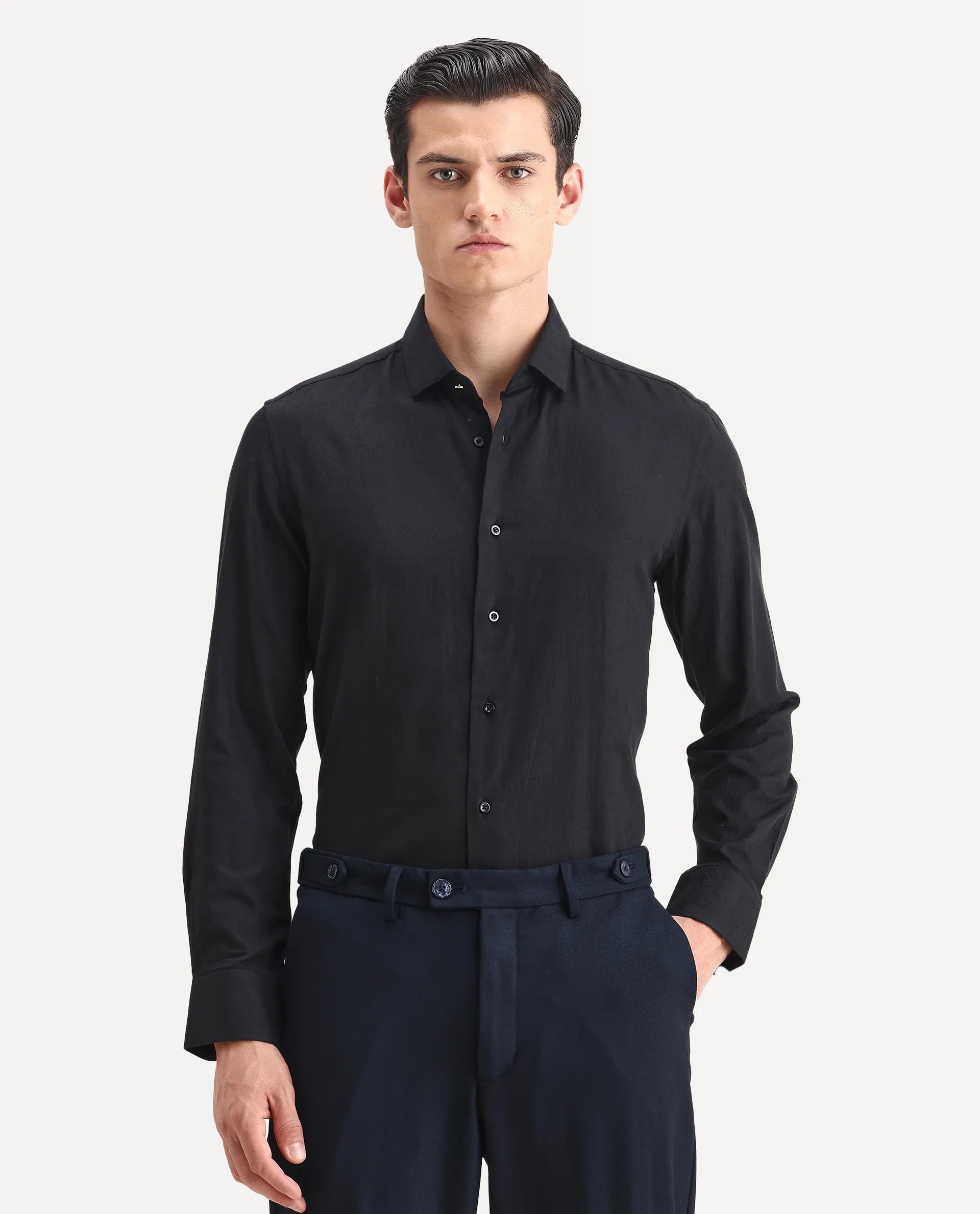 Rare Rabbit Men's Guild Statement Notum Black Cotton Plain Regular Fit Full Sleeve Collared Shirt