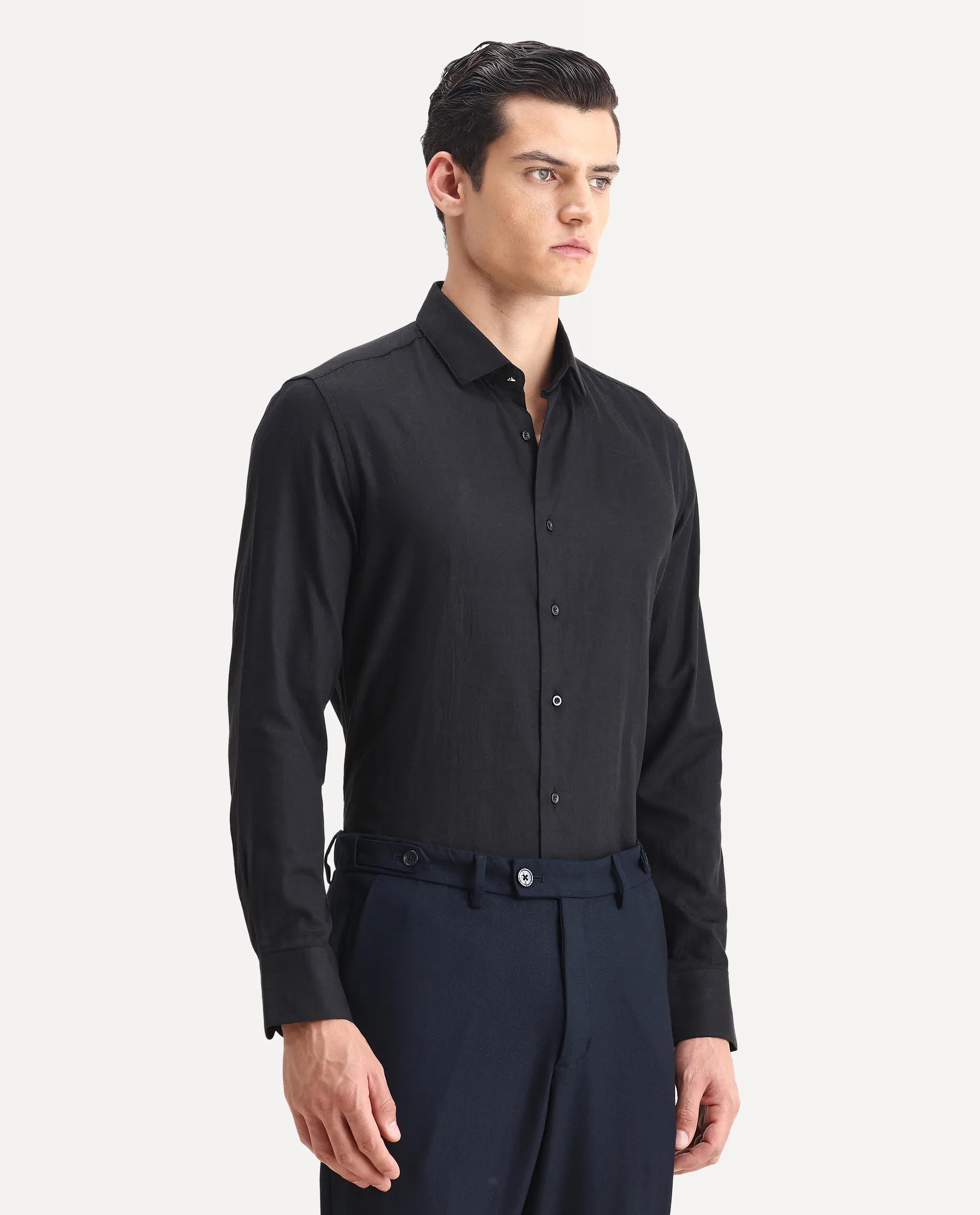 Rare Rabbit Men's Guild Statement Notum Black Cotton Plain Regular Fit Full Sleeve Collared Shirt