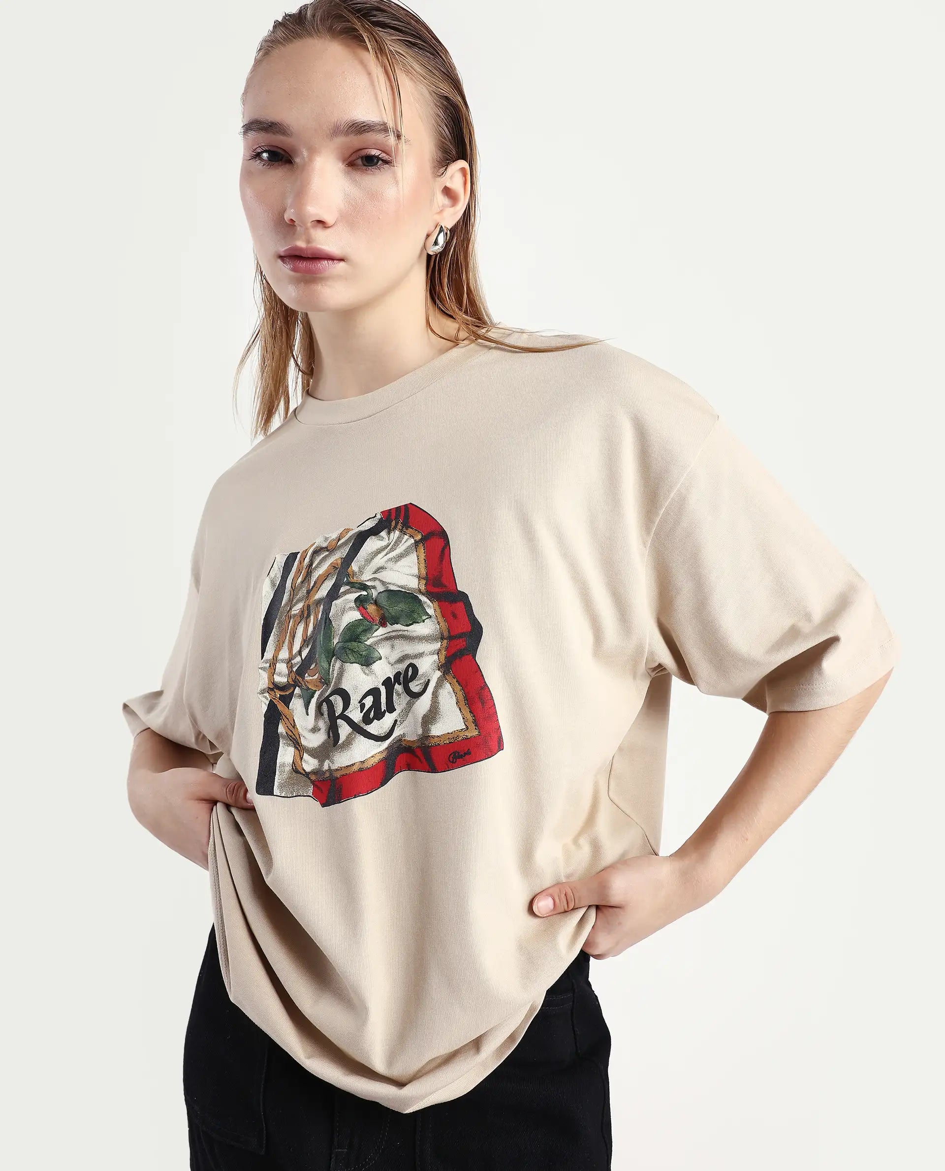 Rareism Women's Nouv Beige Cotton Crew Neck Oversized Fit T-Shirt Oversize