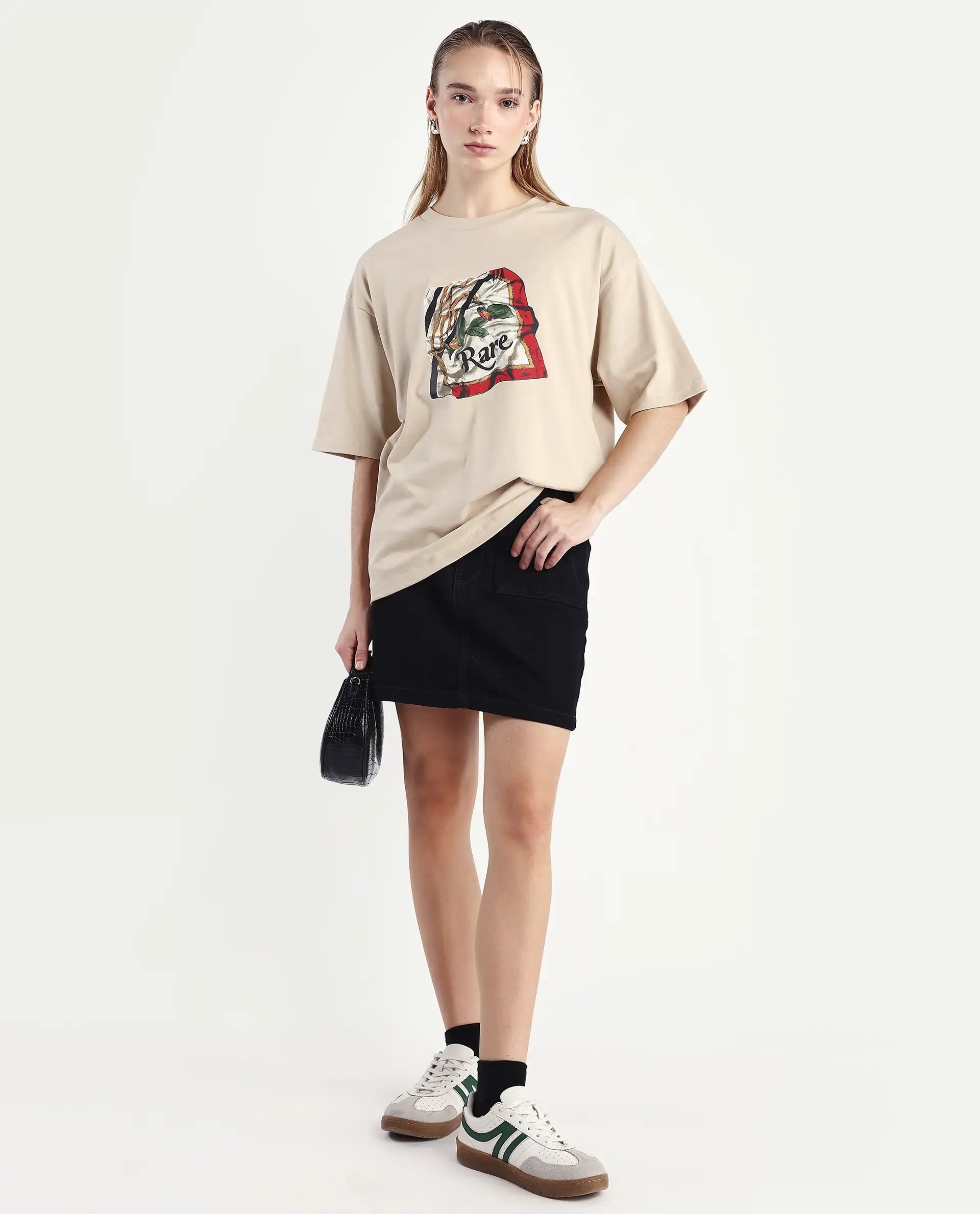 Rareism Women's Nouv Beige Cotton Crew Neck Oversized Fit T-Shirt Oversize