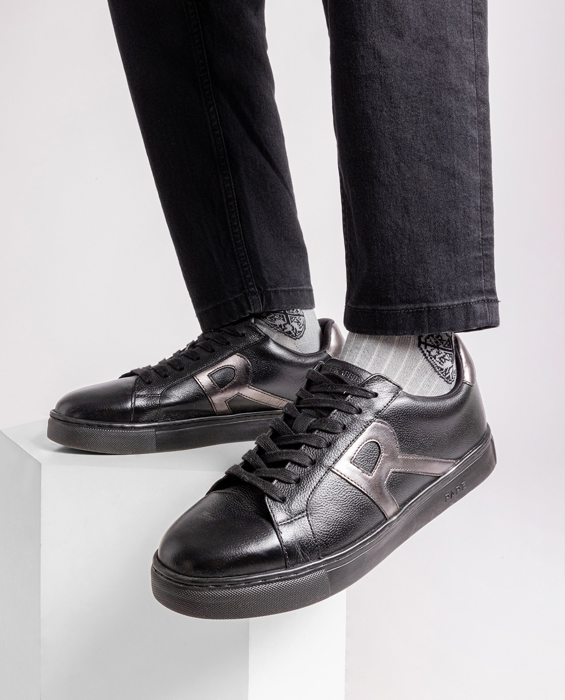 Rare Rabbit Men's Nova Pro Metallic Black Patent Leather Low-Top Lace-Up Sneaker Shoes