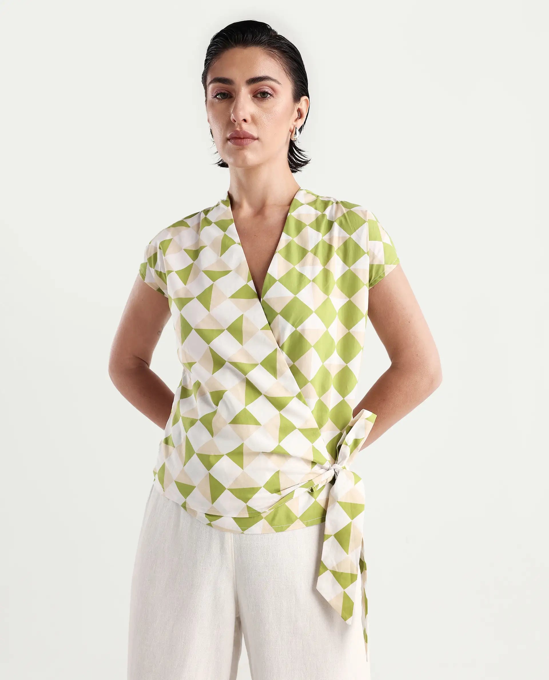 Rareism Women's Novarna Light Green Cotton Overlap Neck Geometric Print Extended Sleeves Regular Fit Top