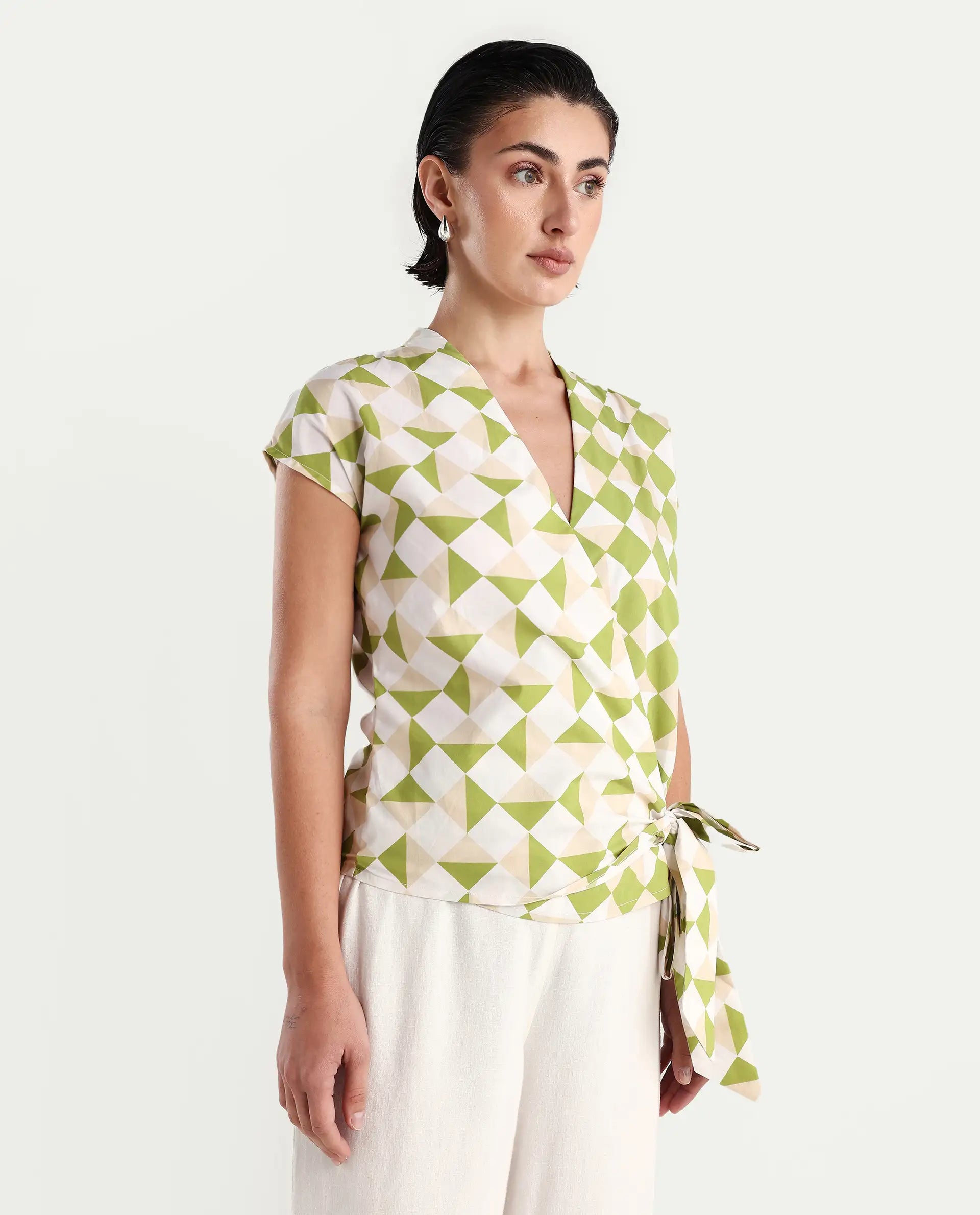 Rareism Women's Novarna Light Green Cotton Overlap Neck Geometric Print Extended Sleeves Regular Fit Top