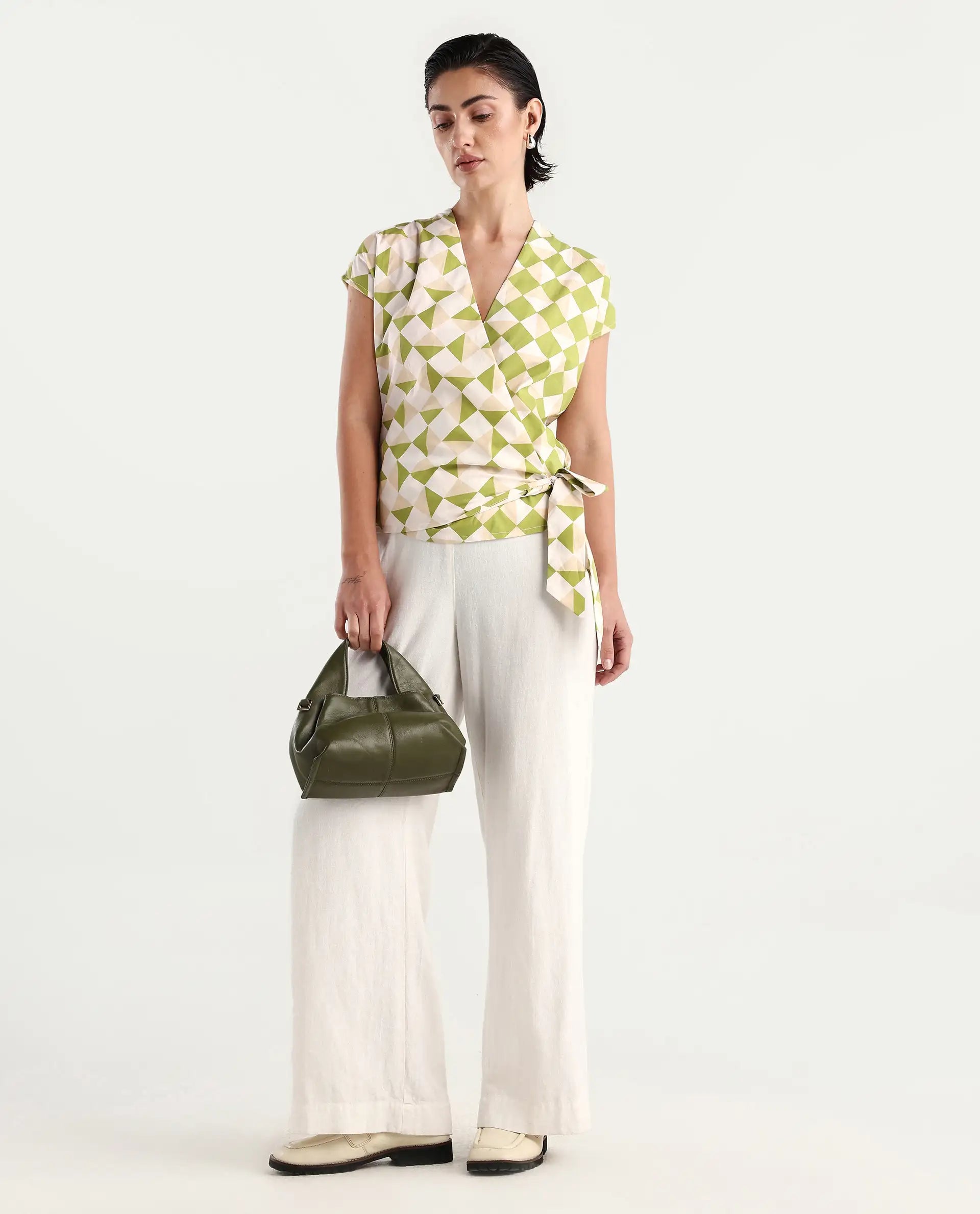 Rareism Women's Novarna Light Green Cotton Overlap Neck Geometric Print Extended Sleeves Regular Fit Top