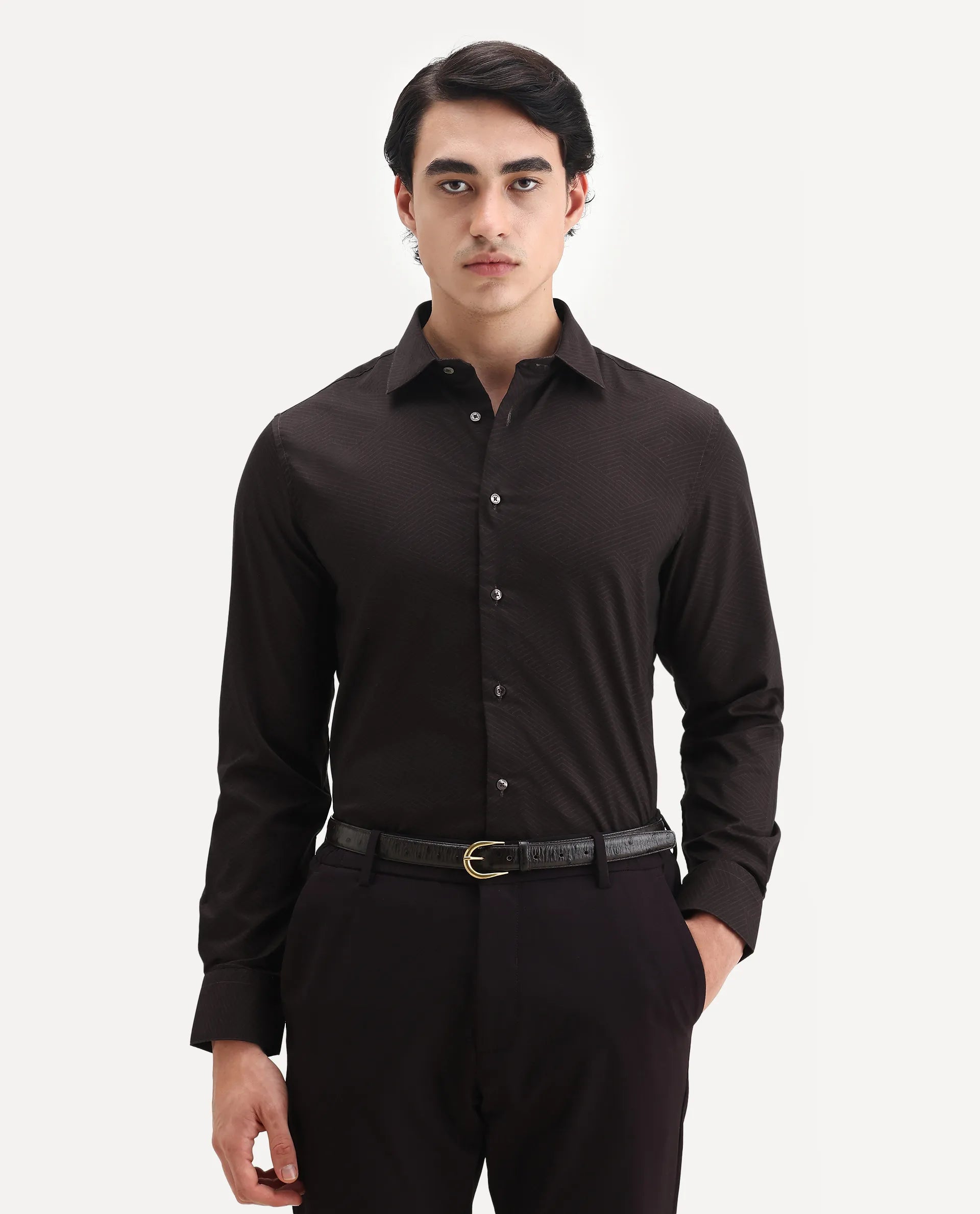 Rare Rabbit Men's Noven Maroon Cotton Geometric Print Regular Fit Full Sleeve Collared Shirt