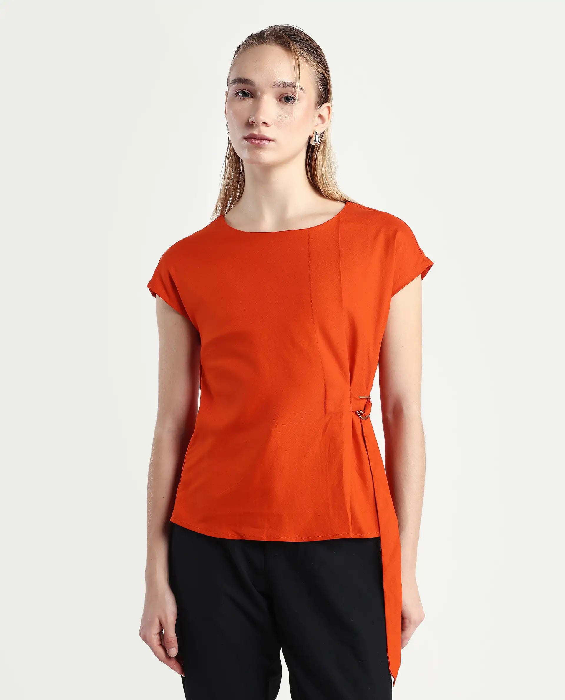 Rareism Women's Nrob Orange Viscose Blend Crew Neck Plain Extended Sleeves Regular Fit Top