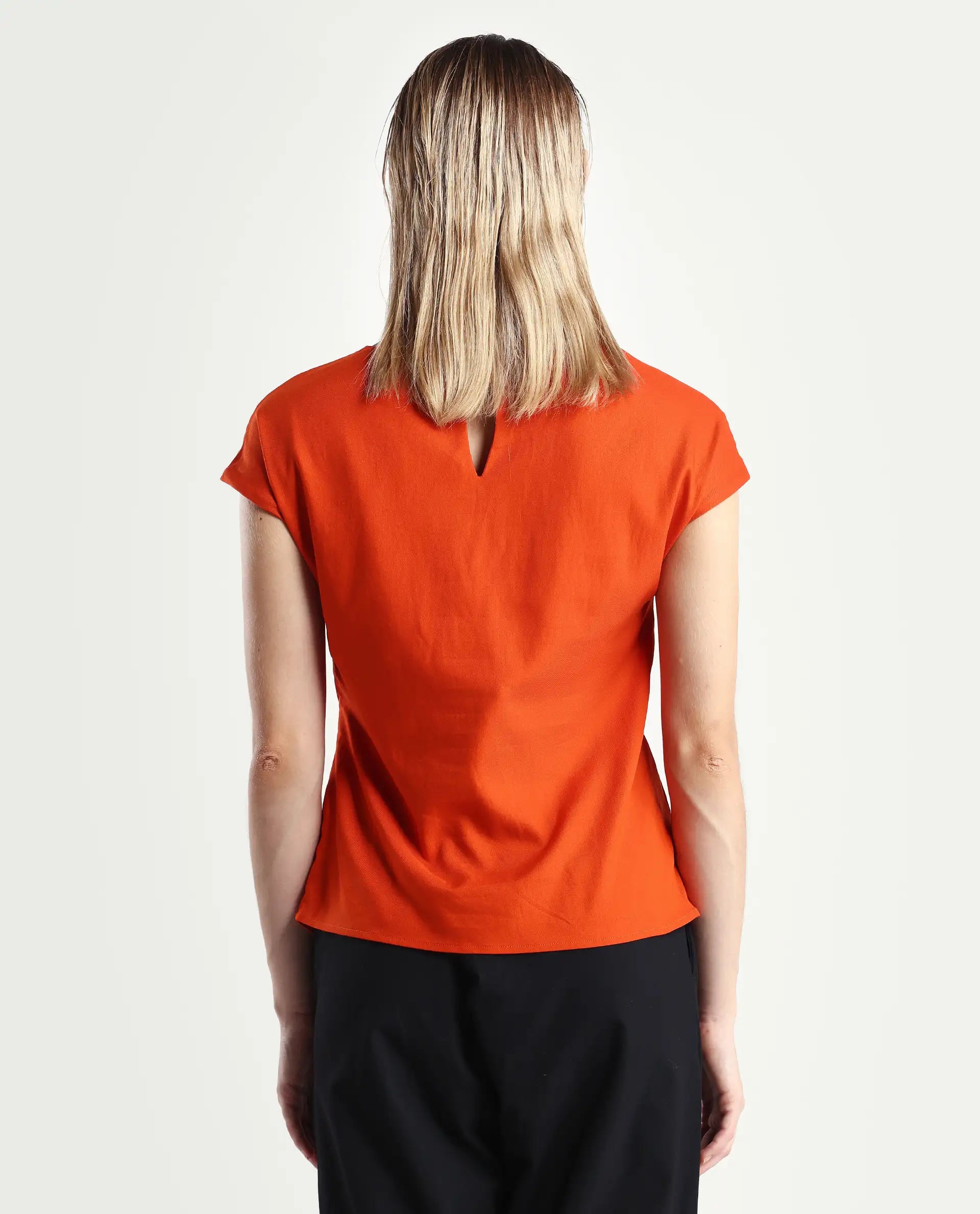 Rareism Women's Nrob Orange Viscose Blend Crew Neck Plain Extended Sleeves Regular Fit Top