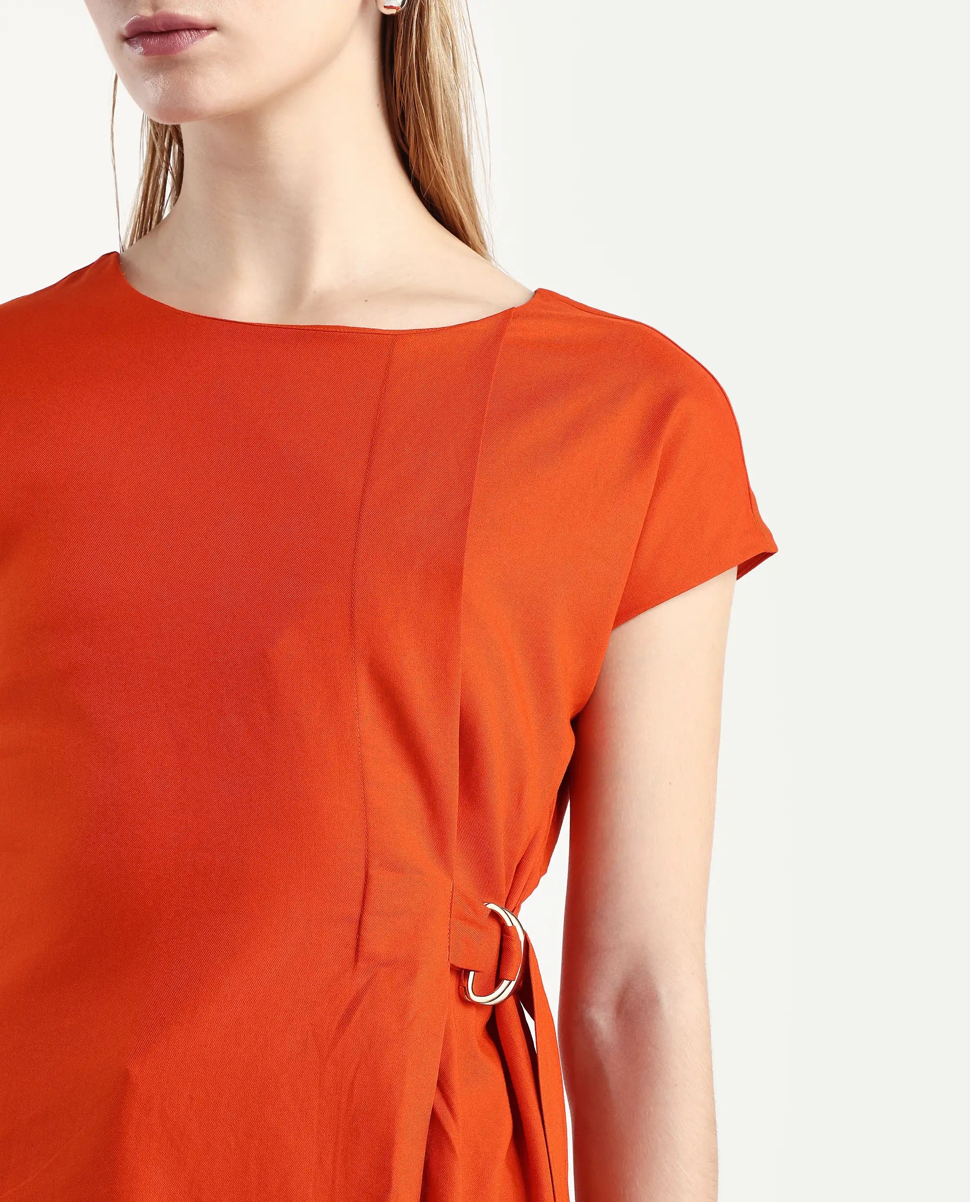 Rareism Women's Nrob Orange Viscose Blend Crew Neck Plain Extended Sleeves Regular Fit Top