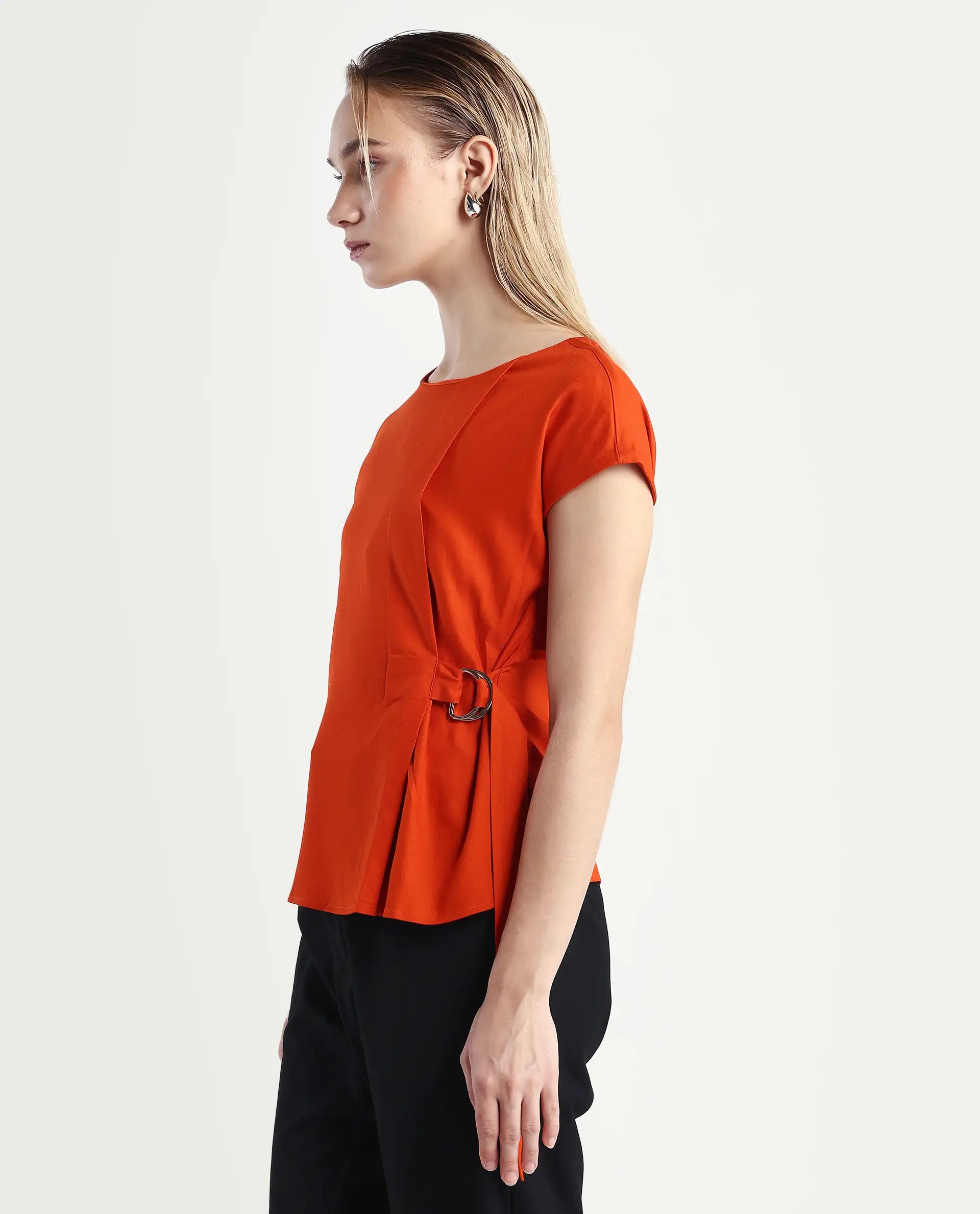 Rareism Women's Nrob Orange Viscose Blend Crew Neck Plain Extended Sleeves Regular Fit Top