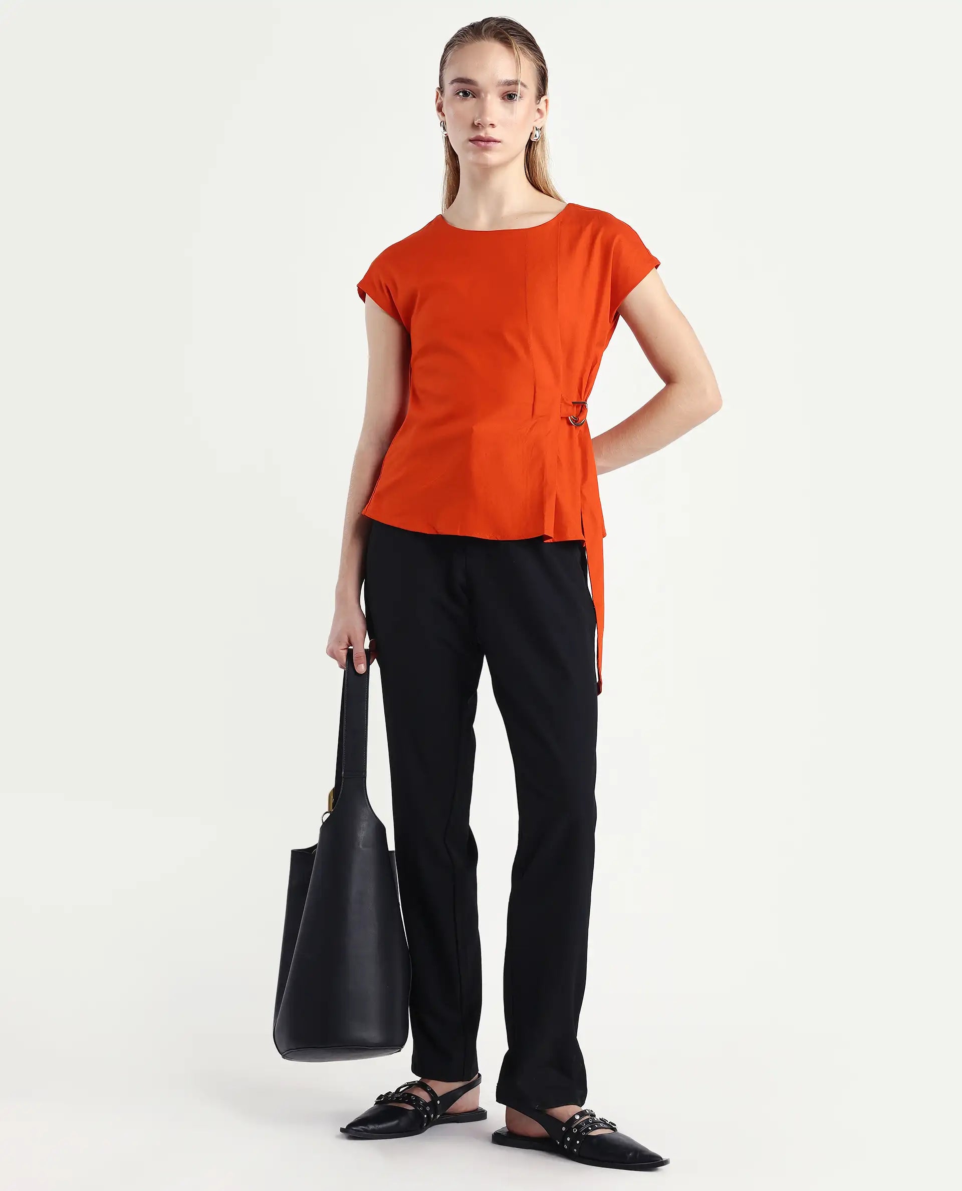 Rareism Women's Nrob Orange Viscose Blend Crew Neck Plain Extended Sleeves Regular Fit Top