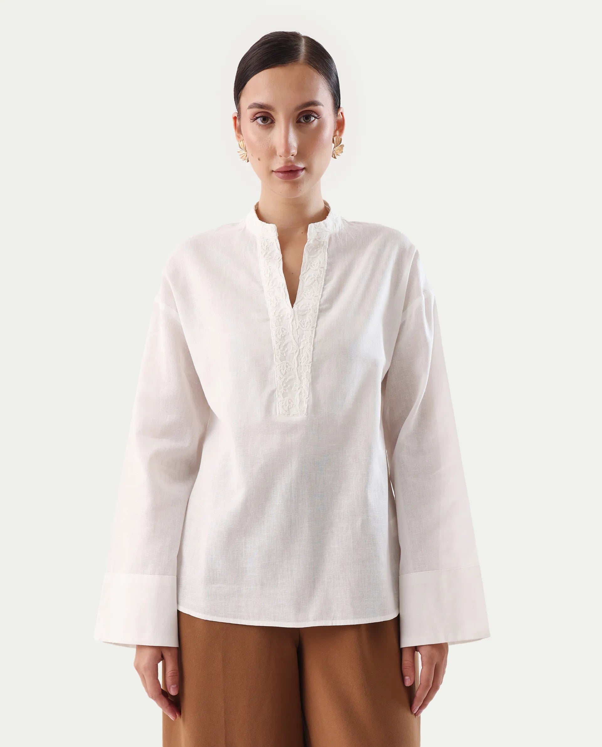 Rareism Women's Nubank Off White Cotton Blend Mandarin Collar Regular Fit Plain Top