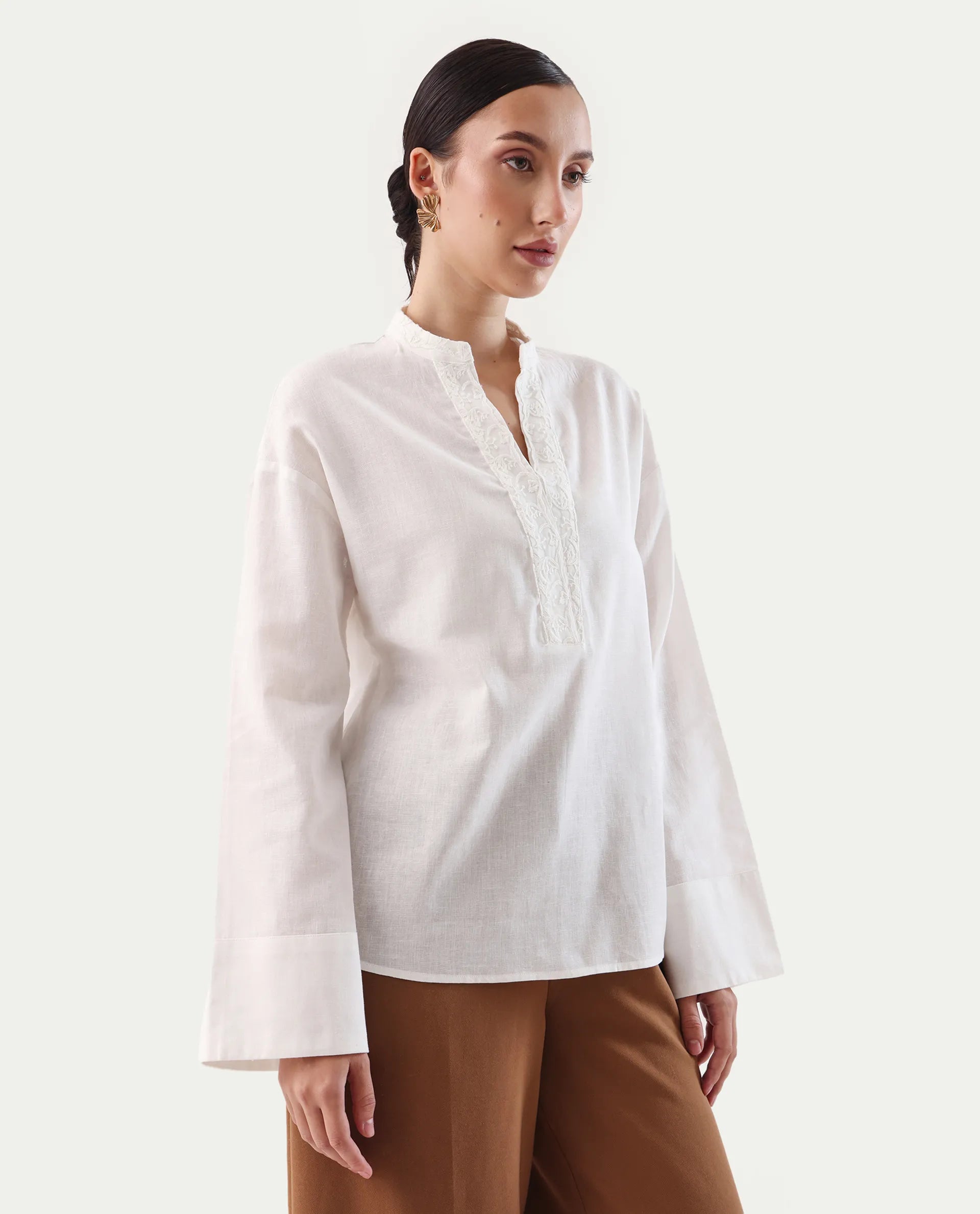 Rareism Women's Nubank Off White Cotton Blend Mandarin Collar Regular Fit Plain Top