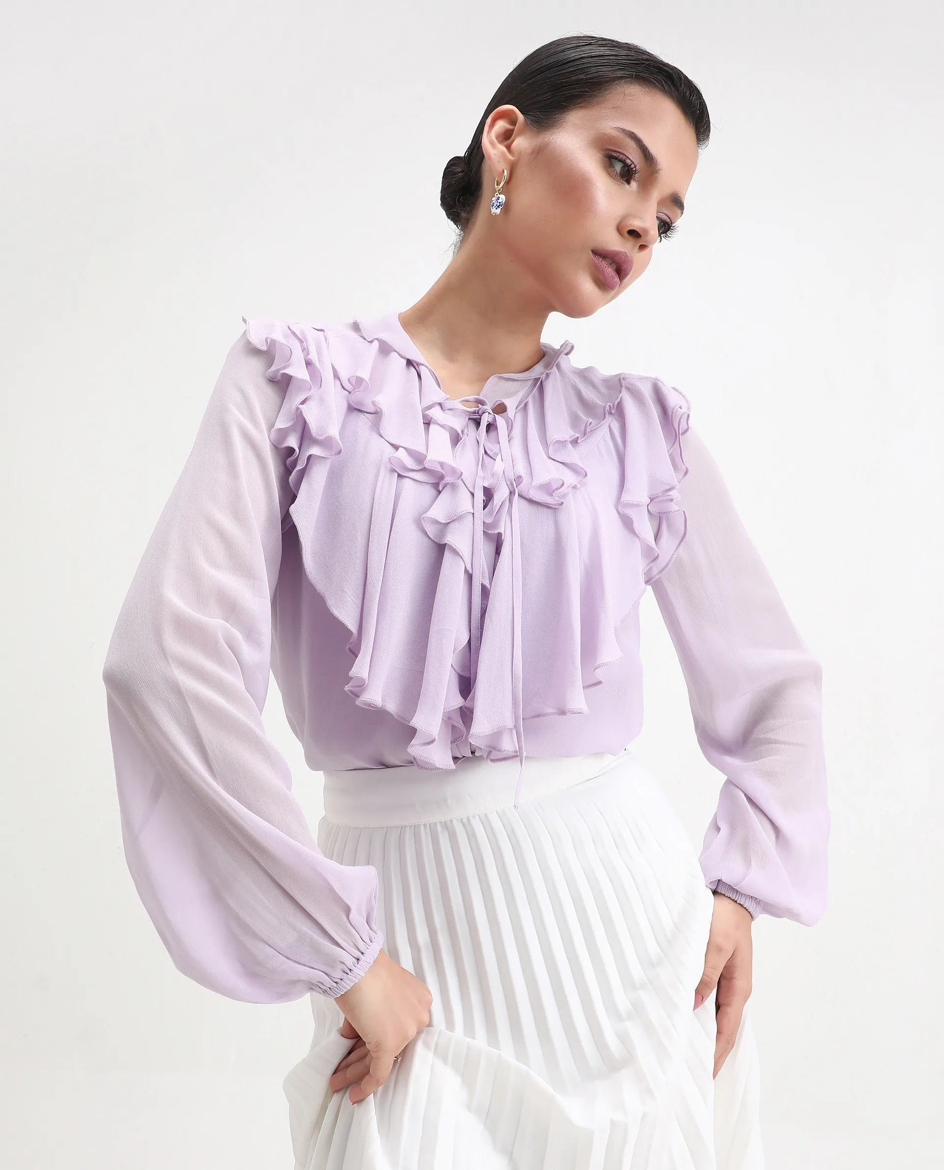 Rareism Women's Nubin Pastel Purple Polyester Bishop Sleeve Ruffled Neck Regular Fit Plain Top