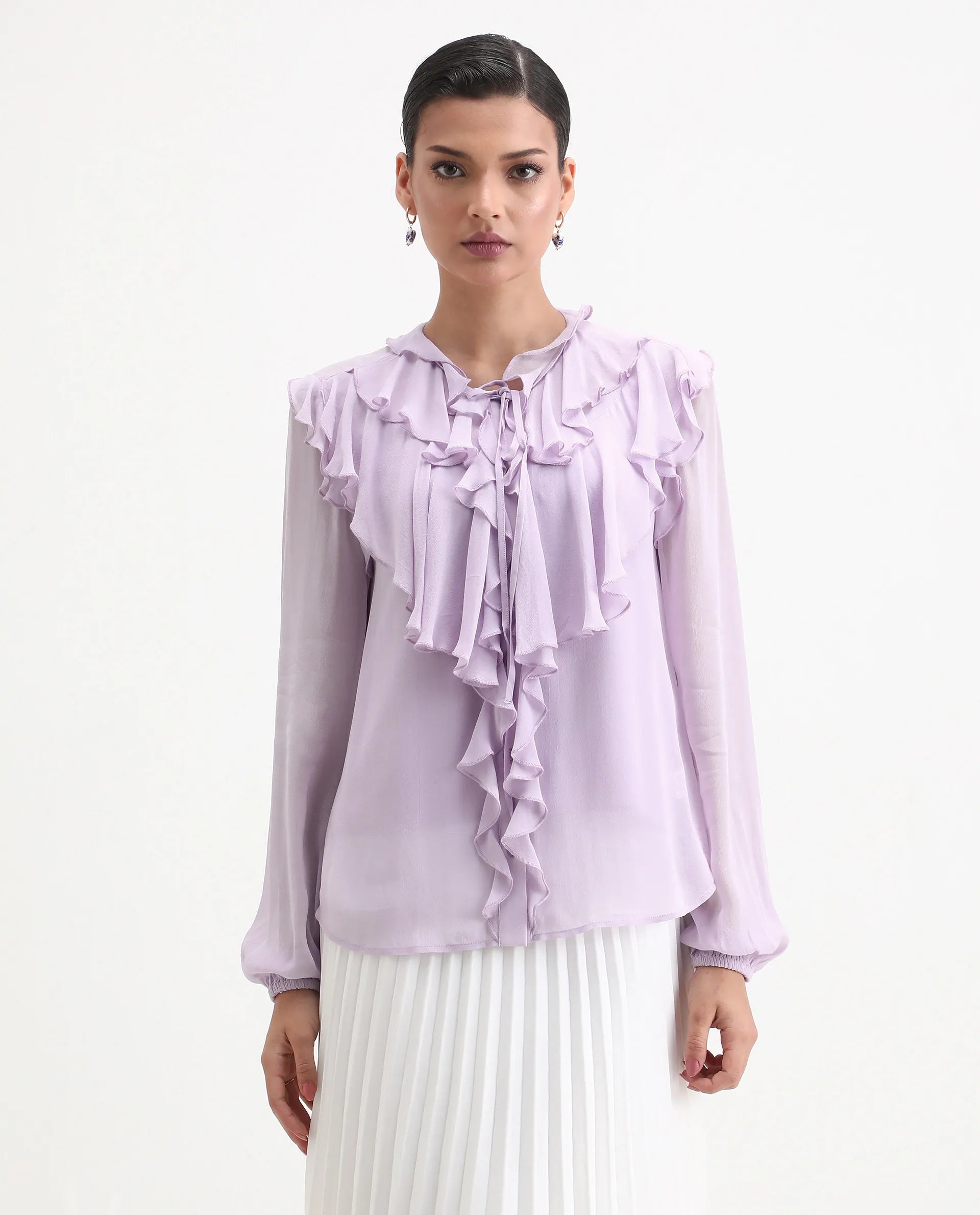 Rareism Women's Nubin Pastel Purple Polyester Bishop Sleeve Ruffled Neck Regular Fit Plain Top
